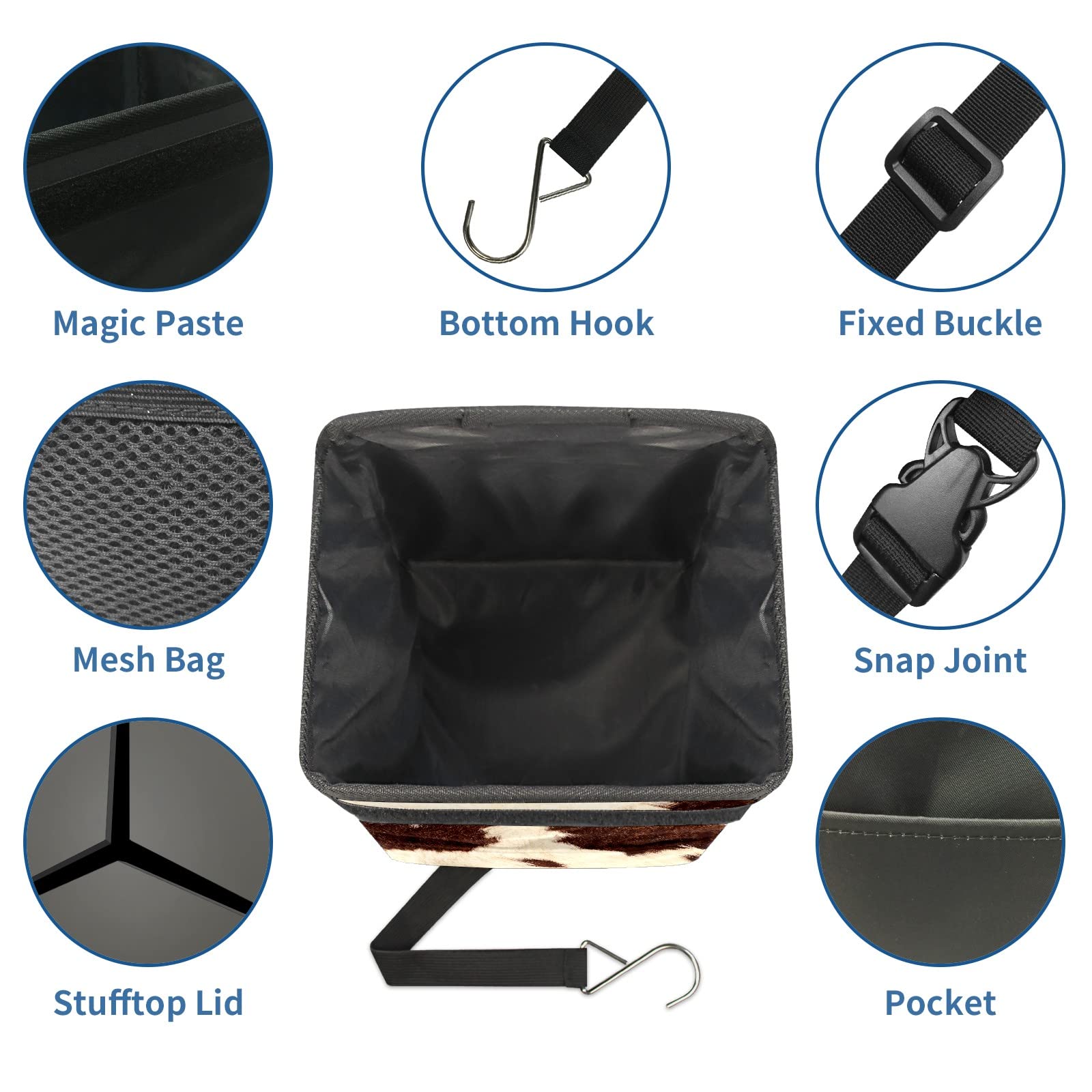 Western Cowhide Car Trash Can with Lid - Collapsible Reusable Waterproof Auto Garbage Bin for Car, Truck & SUV | Car Accessories Interior Organizer for Road Trips, Commuting & Camping