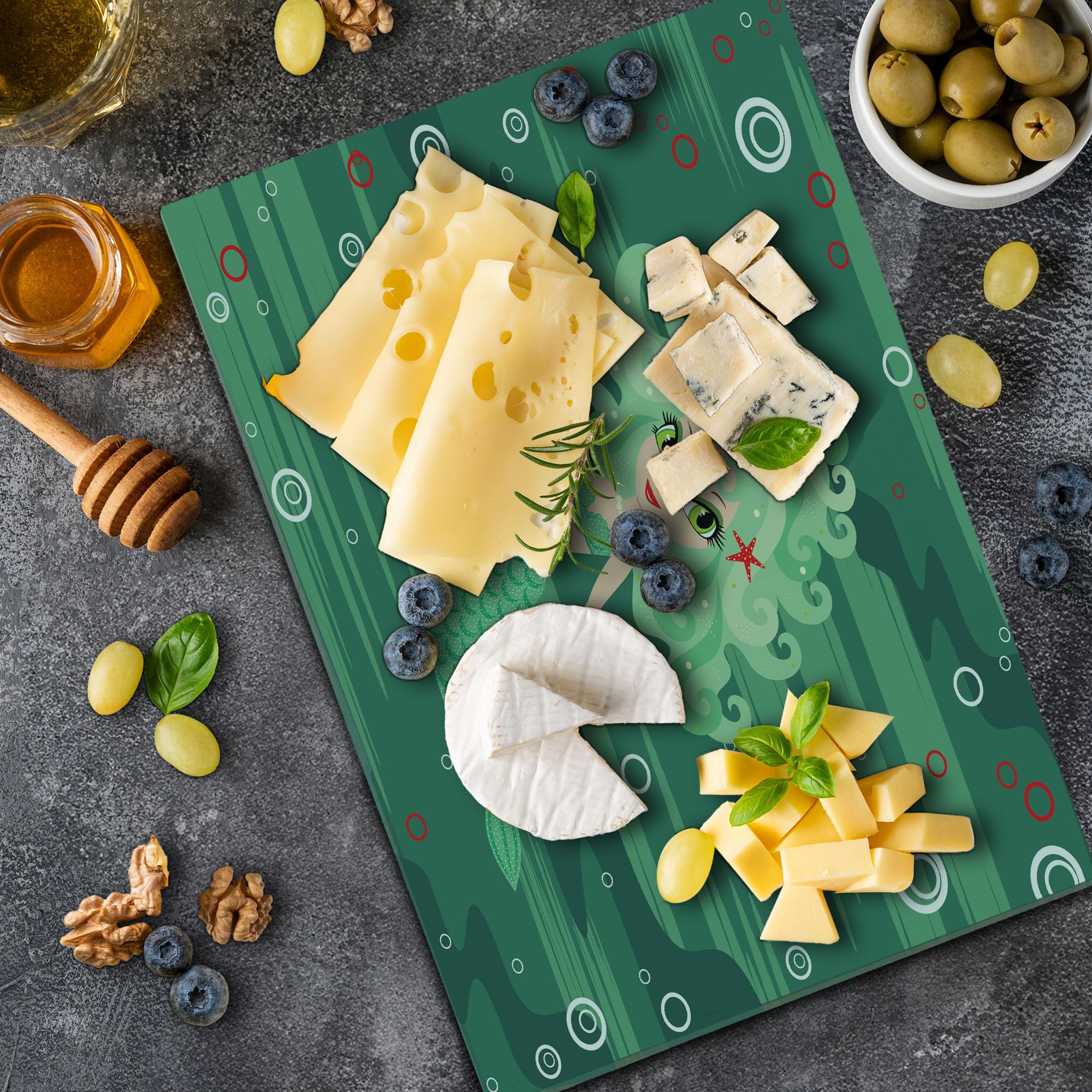 Ambesonne Underwater Themed Tempered Glass Cutting Board - Mermaid, Water Bubbles & Starfish Print - Large Green Decorative Serving Board for Kitchen, Party & Gift Giving