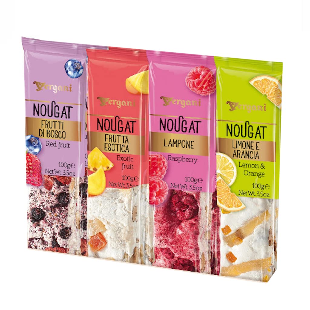 Vergani Mixed Fruit Nougat Candy Bars - Gluten-Free Healthy Snack, Pack of 4 (100g/3.5oz Each) | Perfect for Office Snacks, Party Favors & Gift Baskets