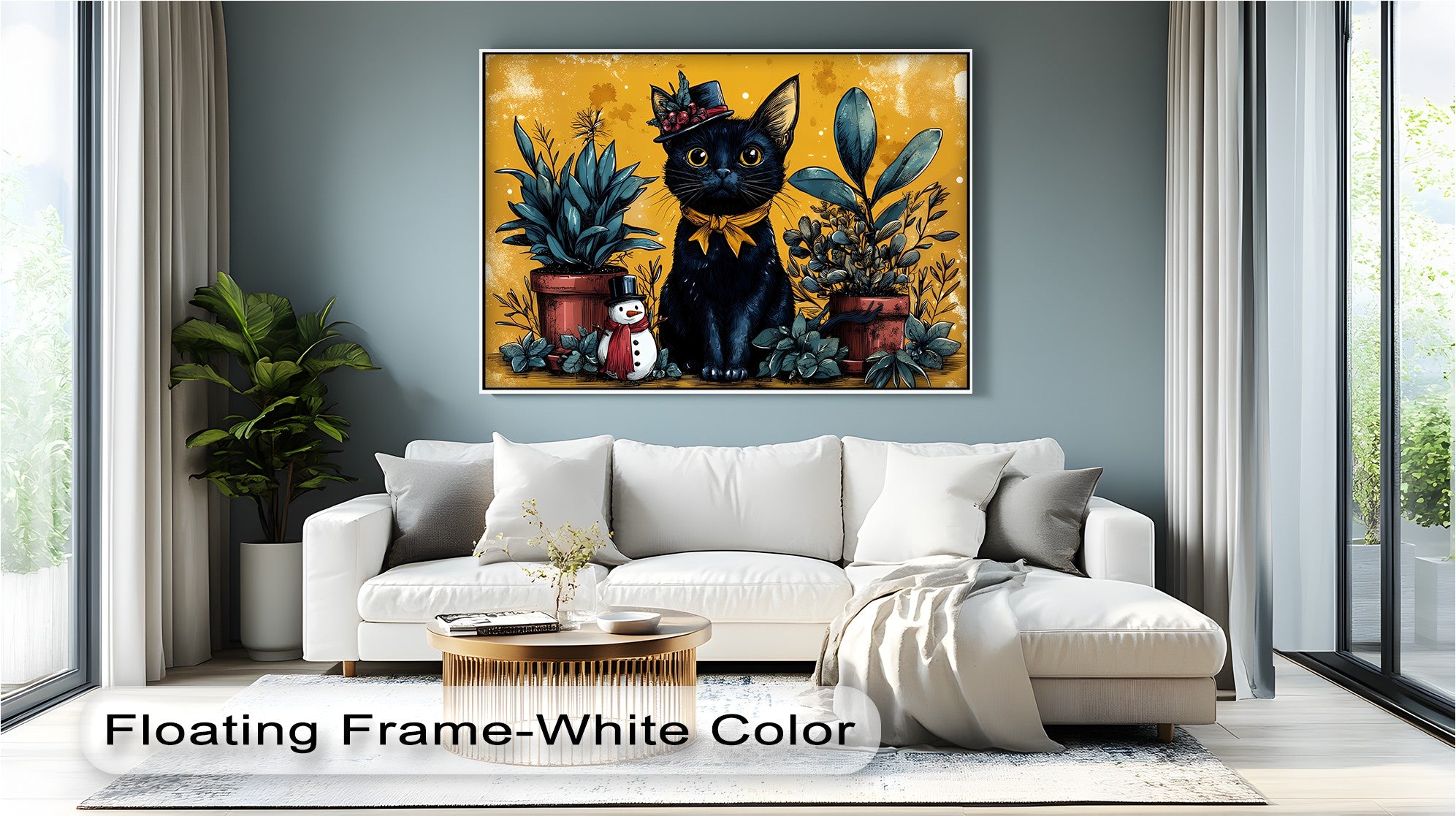 Black Cat with Holiday Hat and Yellow Ribbon - Festive Cat Canvas Print Wall Art for Christmas Home Decor, Living Room, Bedroom & Office