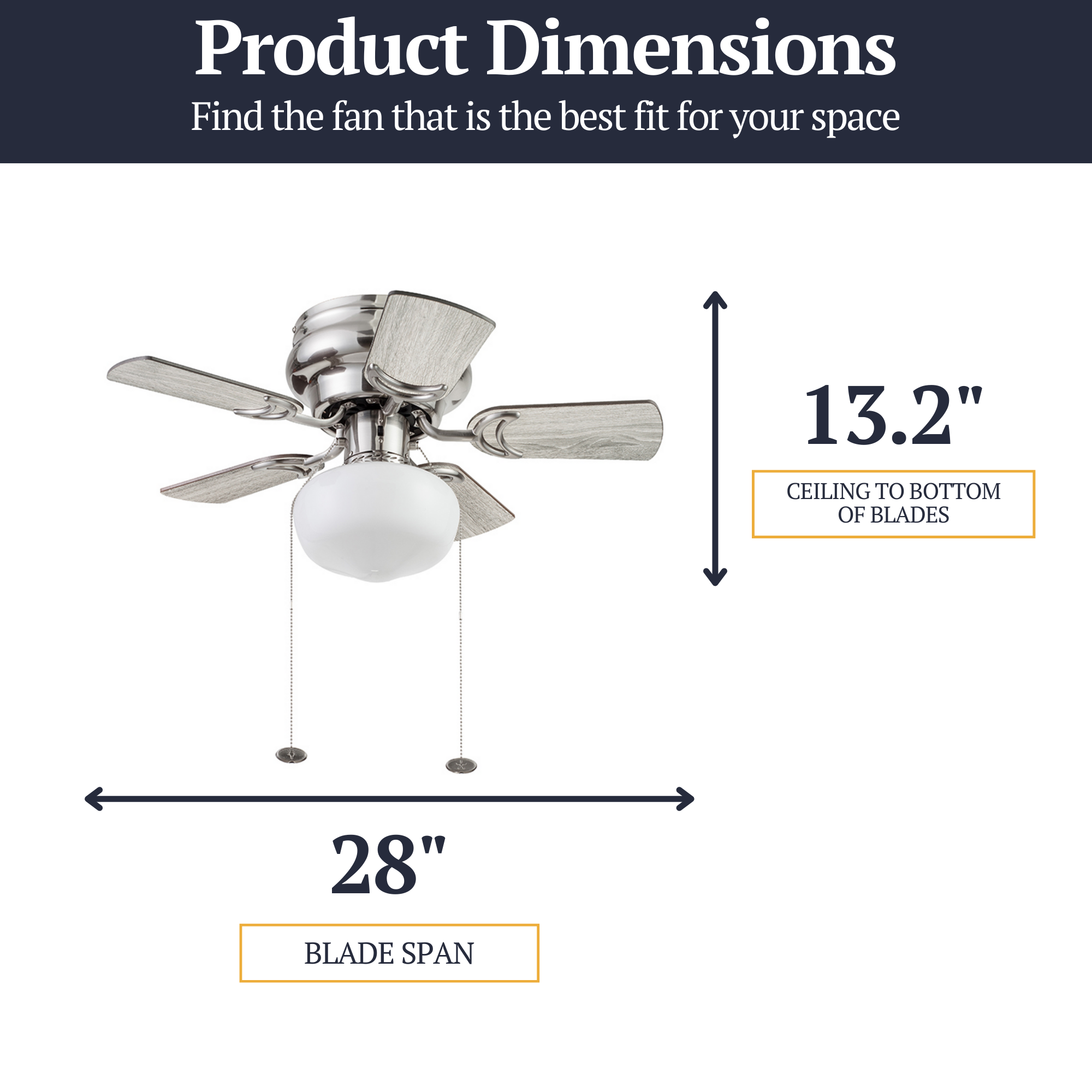 28 Inch Brushed Nickel Ceiling Fan with Pull Chain - Modern Hero Design for Living Room, Bedroom, and Office Cooling