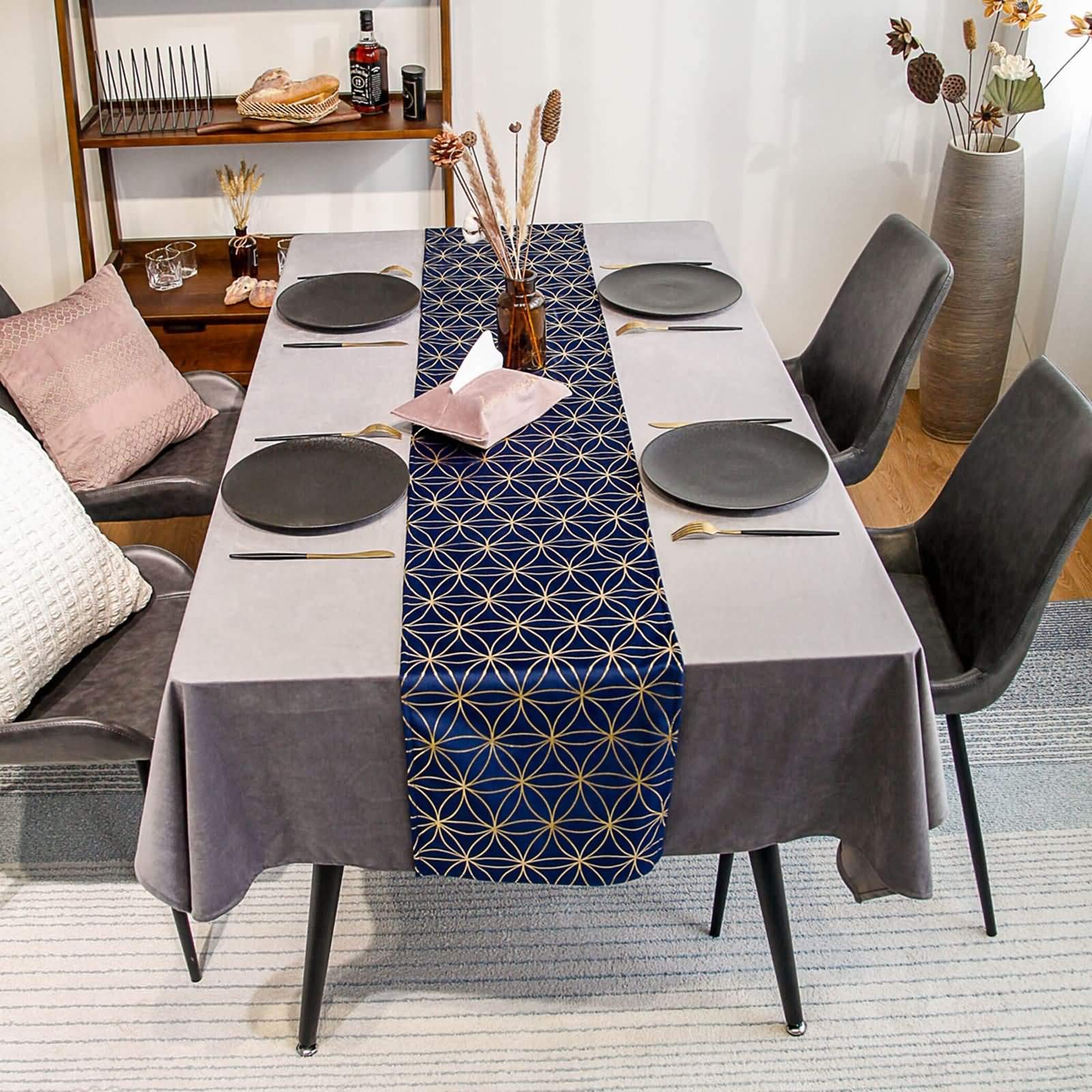 Elegant Blue and Gold Geometric Velvet Table Runner 32x220cm - Luxury Rectangular Table Decor for Dining Room, Wedding, and Holiday Parties