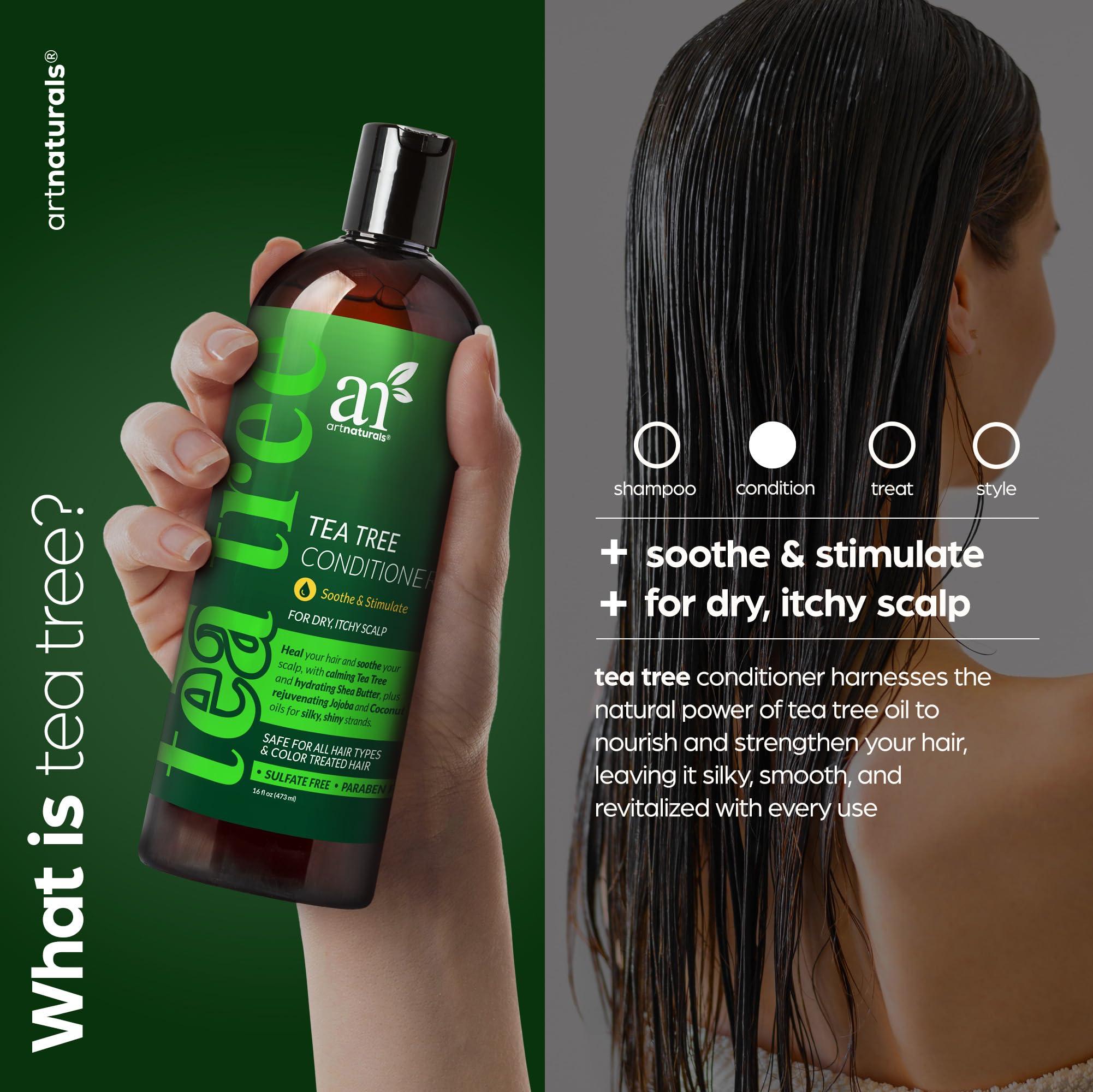 Artnaturals Tea Tree Conditioner 16 Fl Oz - Sulfate Free & Natural Formula with 100% Pure Therapeutic Grade Tea Tree Oil - Relieves Dandruff, Itchy & Dry Scalp - For Men & Women - Perfect for Daily Hair Care & Scalp Treatment