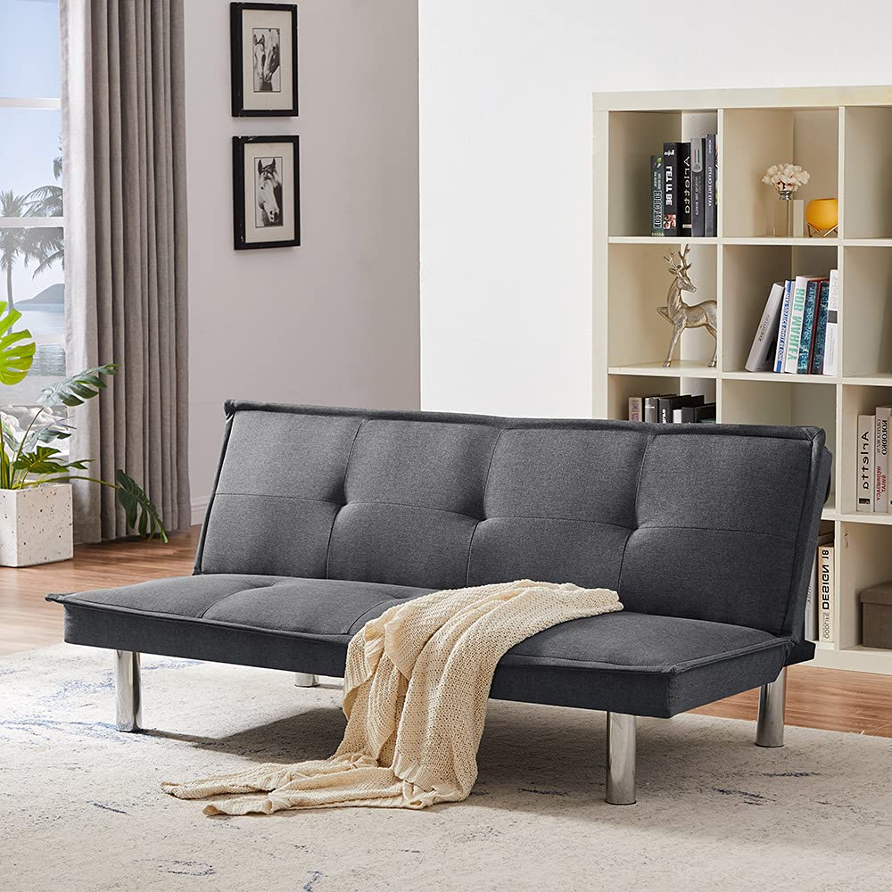 Grey Fabric Sofa Bed - Foldable Sleeper Sofa with Recliner Function, Modern Accent Chair for Living Room | Perfect for Small Spaces, Guest Rooms & Apartments