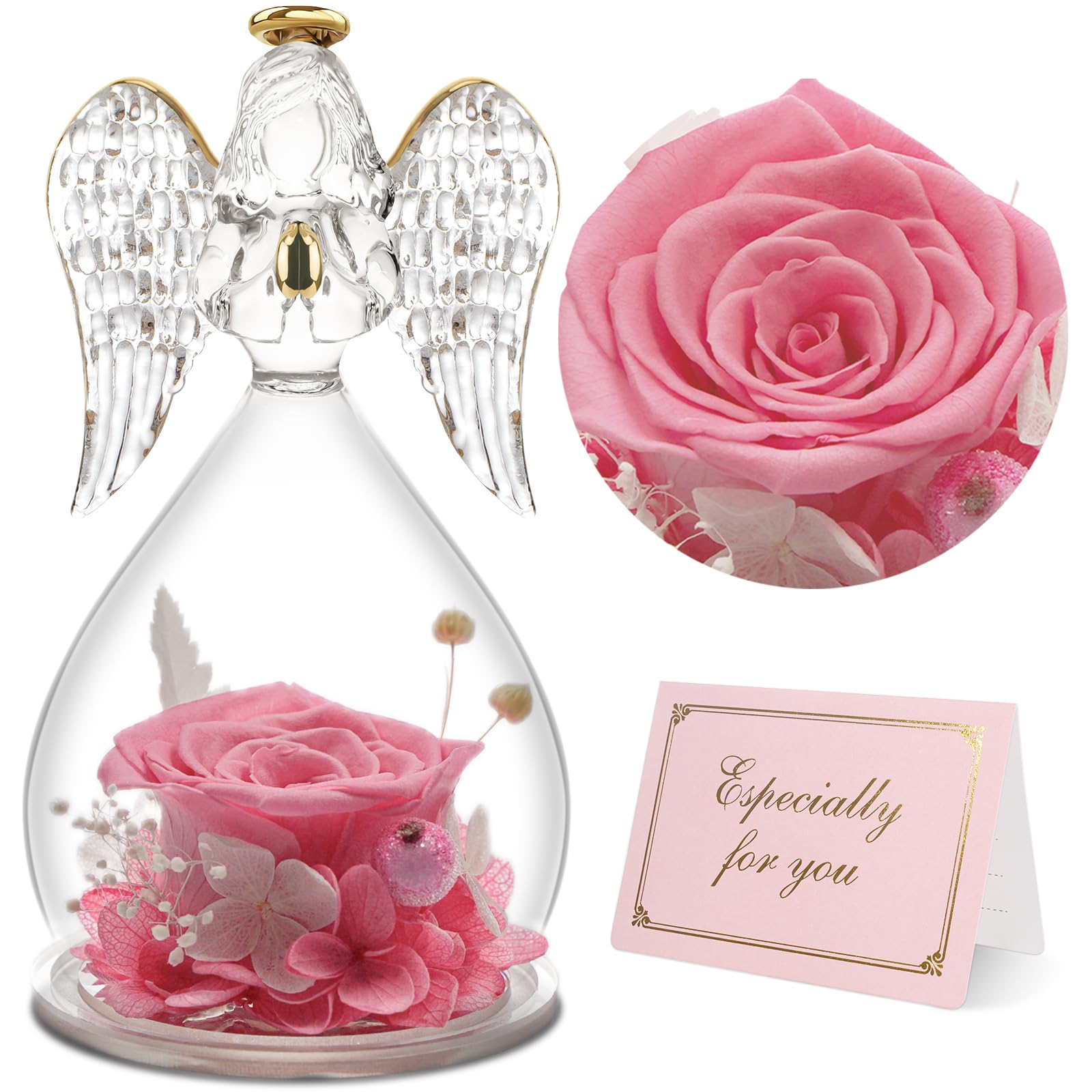 Yamonic Angel Figurine with Real Preserved Rose - Perfect Birthday Gift for Mom, Grandma, Her | Mother's Day, Christmas, Anniversary Present | Elegant Home Decor for Living Room, Bedroom (Pink)
