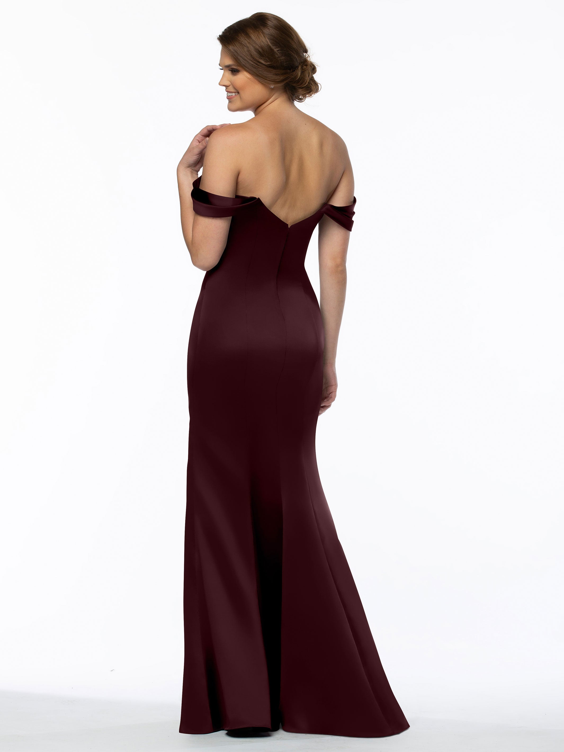 Elegant 80151 Fitted Satin Bridesmaid Dress with Off-The-Shoulder Sleeves - Perfect for Weddings, Formal Events & Special Occasions