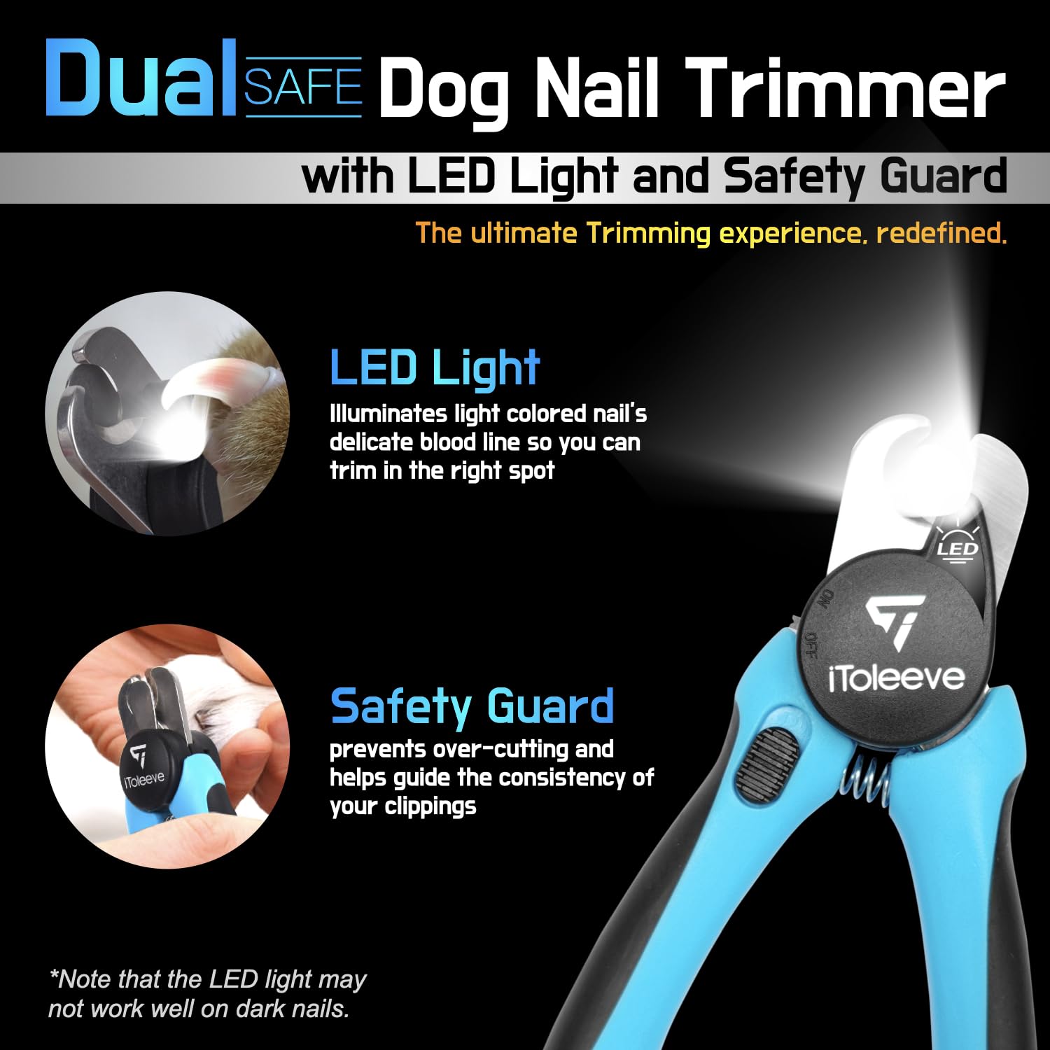 LED Dog Nail Clipper with Light - Safe & Easy Pet Nail Trimmer for Thick Nails, Quick Sensor Prevents Over Cutting, Illuminates Bloodline for Cats & Dogs - Perfect for Grooming at Home or Vet Visits
