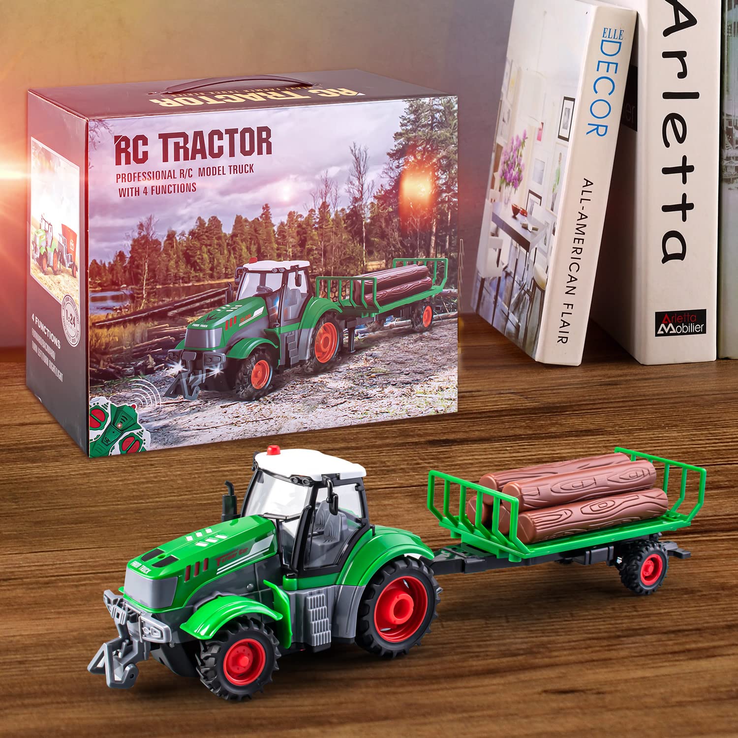 1/24 Scale Remote Control Tractor Toy with Log Trailer - Best Gift for 4-7 Year Old Boys | Kids Farm Vehicle Toy for Indoor & Outdoor Play | Birthday & Christmas Present for Toddlers