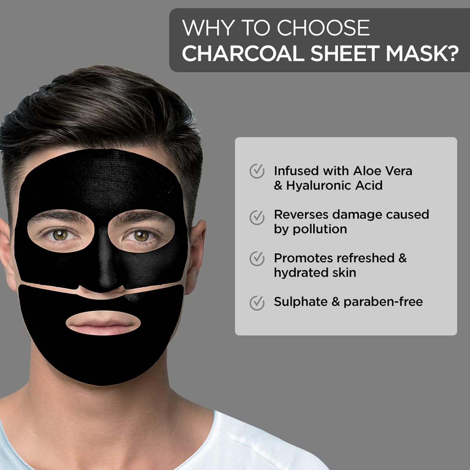 The Man Company Charcoal De-Tan Face Sheet Mask with Aloe Vera & Hyaluronic Acid - 25ml x 2 Pack | Detoxifying & Brightening for Men | Perfect for Post-Sun Care & Skin Rejuvenation