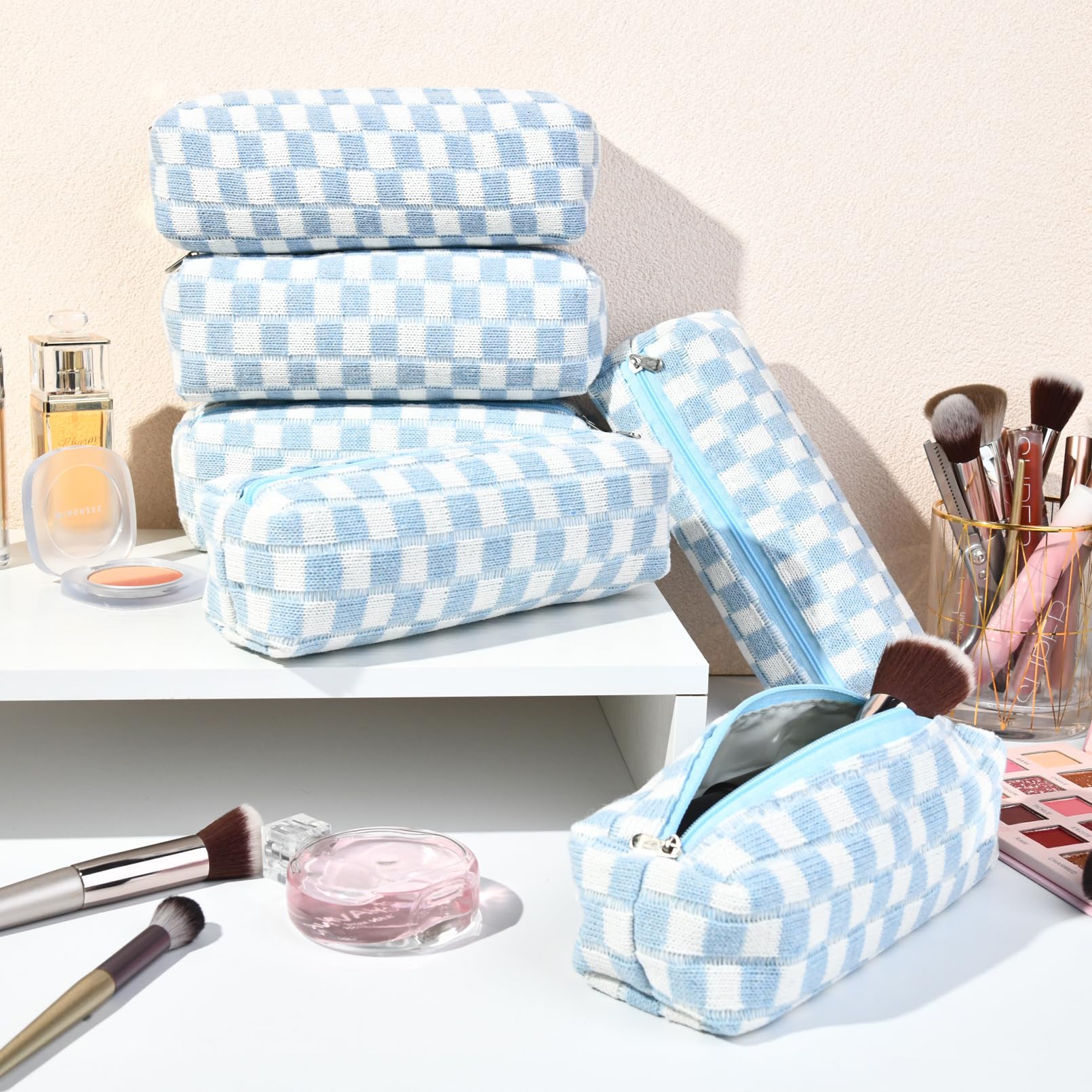 6 Pcs Checkered Makeup Bag Set - Preppy Cosmetic Pouch Organizer for Travel, Toiletries & Makeup Brushes Storage - Light Blue Aesthetic Makeup Bags for Women & Teens - Perfect for School, Gym, Vacation & Daily Use