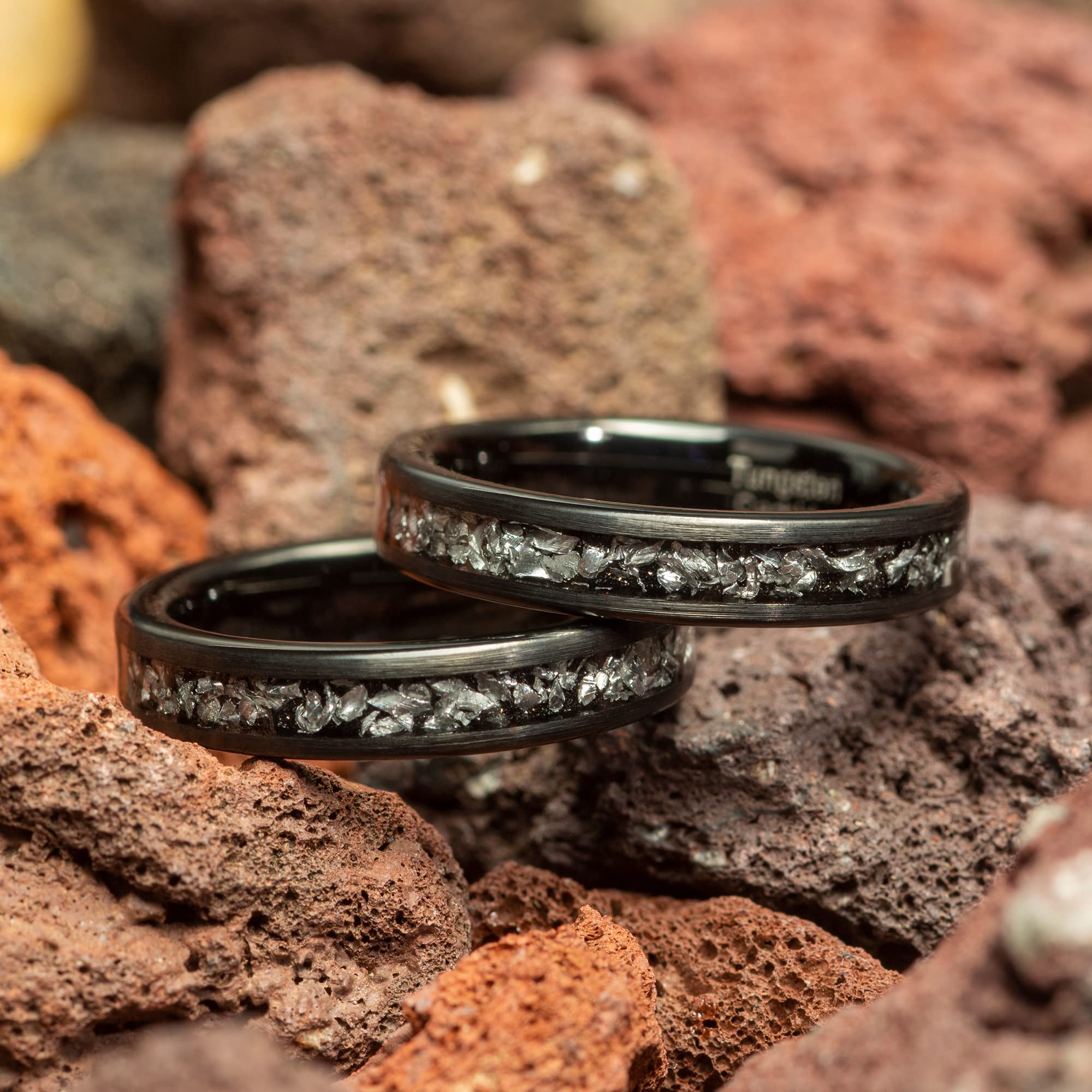 Black Tungsten Meteorite Women's Wedding Ring - 4mm Comfort Fit Band for Her - Perfect for Engagement, Anniversary & Everyday Wear