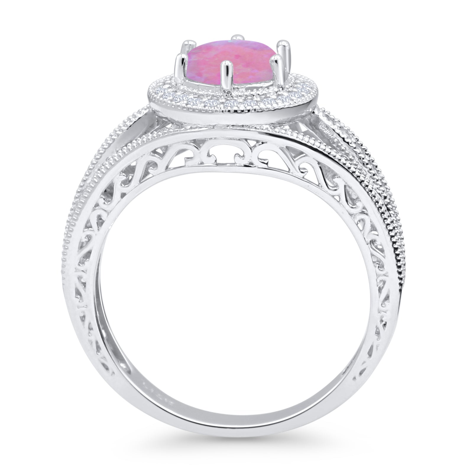 14K White Gold Art Deco Round Halo Split Shank Lab-Created Pink Opal Engagement Ring - Perfect for Weddings, Anniversaries & Romantic Gifts