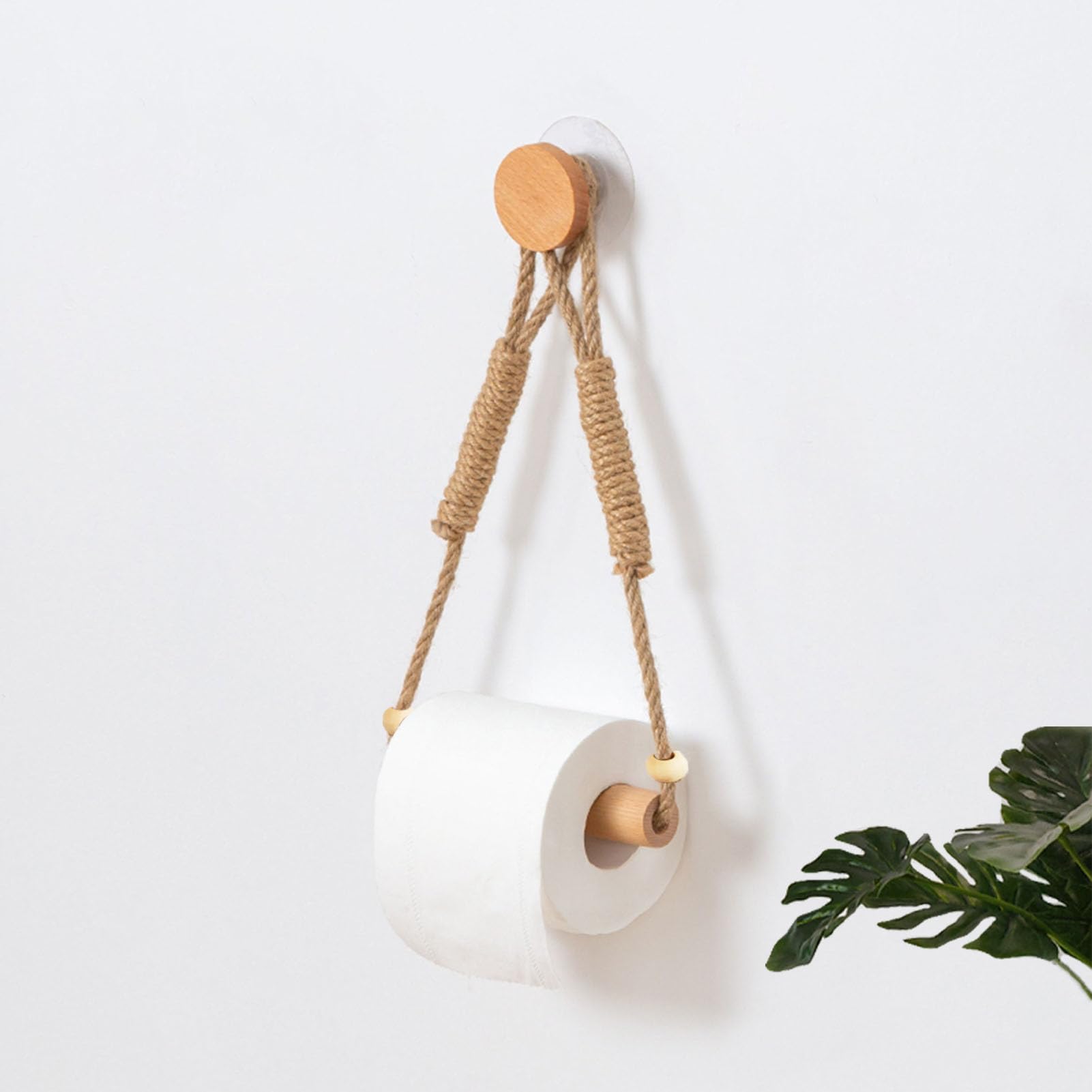 Rustic Wood & Rope Wall Mounted Toilet Paper Holder - Nautical Rattan Bathroom Tissue Roll Organizer with Self-Adhesive & Screw-Free Installation (Bead Accent) - Perfect for Coastal, Farmhouse & Boho Bathroom Decor