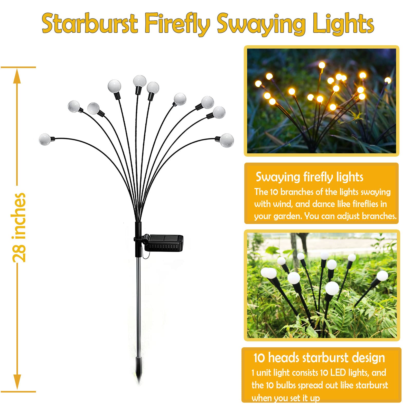 Solar Firefly Fairy Lights - 10 LED Starburst Swaying Outdoor Stake Lights (4 Pack) - Waterproof Decorative Lighting for Garden, Landscape, Path, Yard & Patio - Warm White - Perfect for Outdoor Weddings, Parties & Holiday Decorations