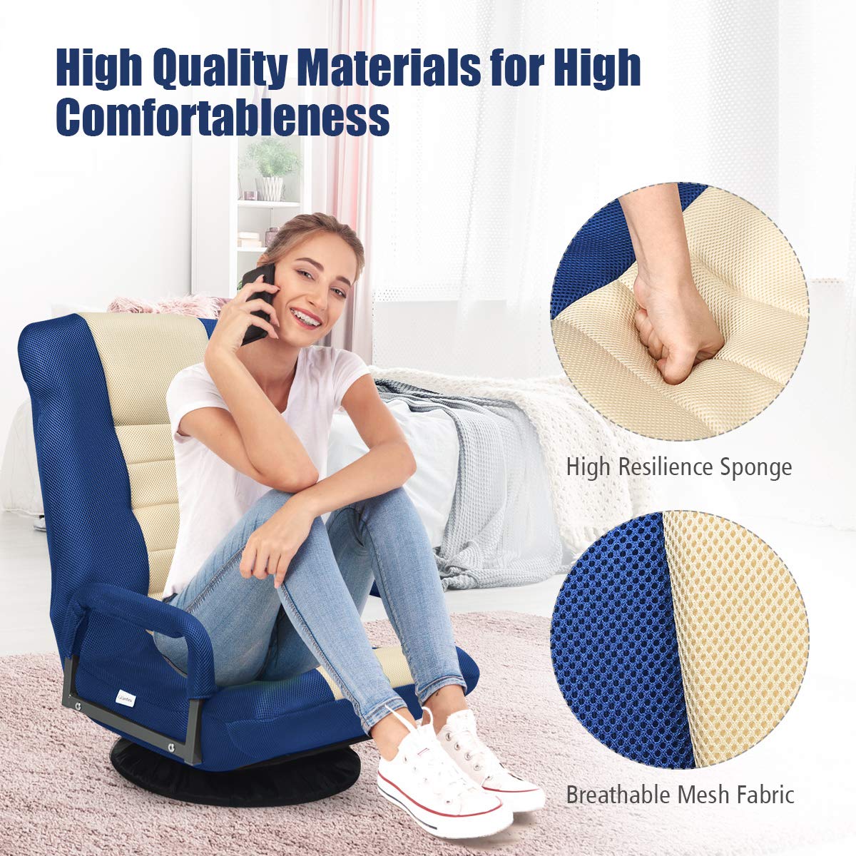 GOFLAME 360 Degree Swivel Gaming Floor Chair - Adjustable 6-Position Backrest & Armrest - Foldable Lazy Sofa Lounger for Adults - Perfect for TV Watching, Reading, Video Games & Home Office (Blue/Beige)