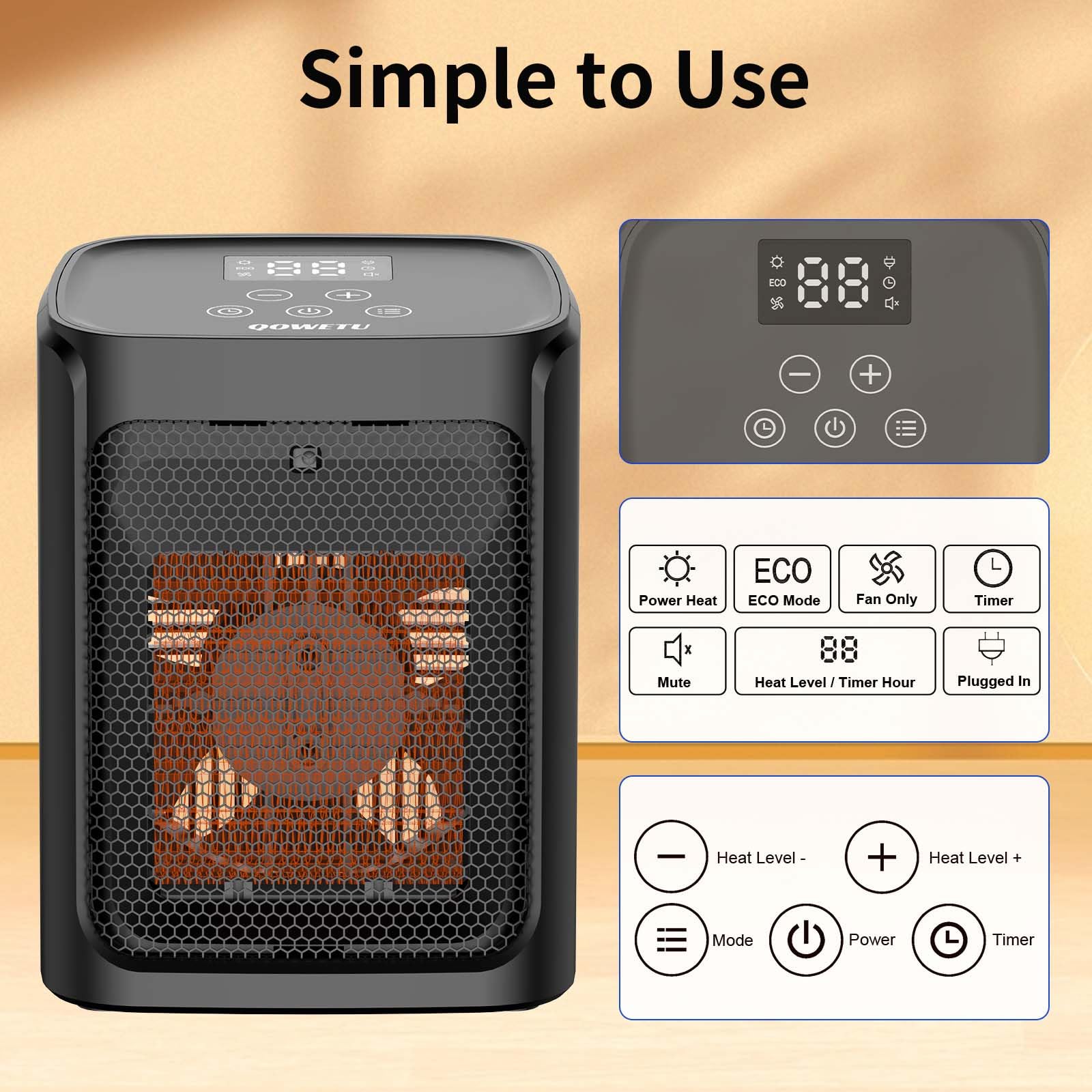 Compact Ceramic Space Heater with 4 Heat Settings & Fast Heating - Overheat & Tip-Over Protection, Auto Shut-Off Timer - Perfect for Bedroom, Office & Small Rooms (White)
