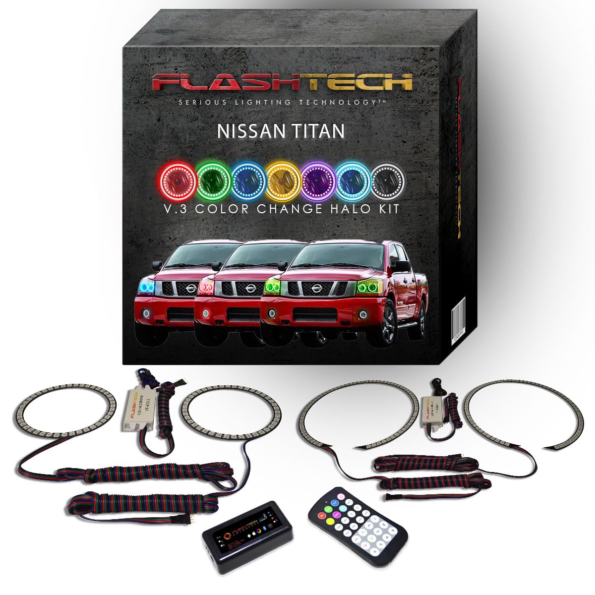 Flashtech LED RGB Multi-Color Halo Ring Headlight Kit with Bluetooth RF Remote & App Control - Compatible with Nissan Titan 2004-2014 - Upgrade Your Ride with Customizable Colors for Night Driving & Car Shows