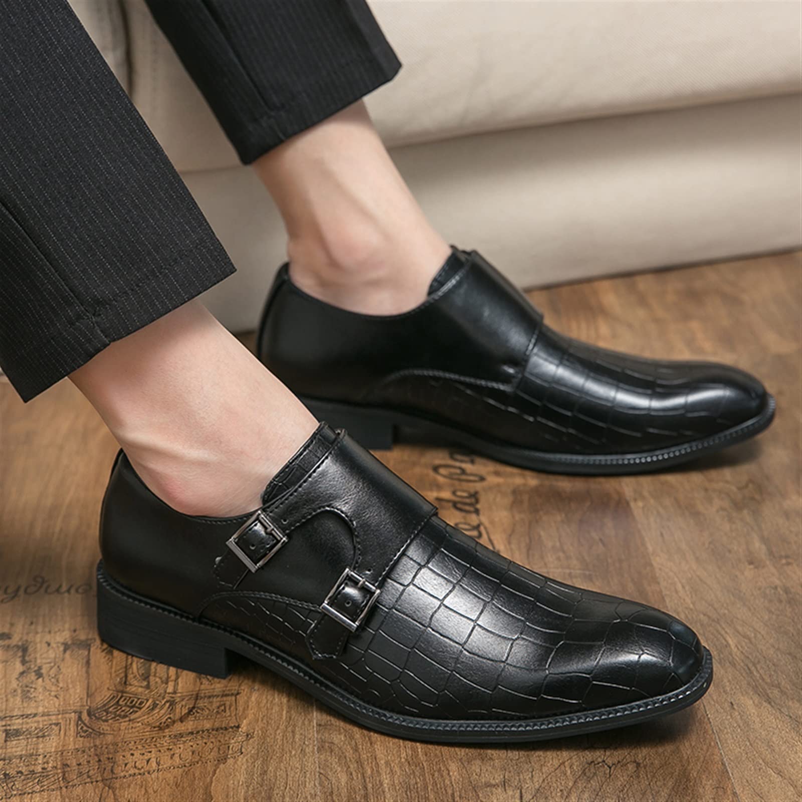 HOOENG Men's Slip-On Oxford Shoes - Vegan Leather Monk Strap Dress Shoes with Burnished Toe, Block Heel & Slip-Resistant Rubber Sole | Formal Wear, Office, Wedding & Business Occasions
