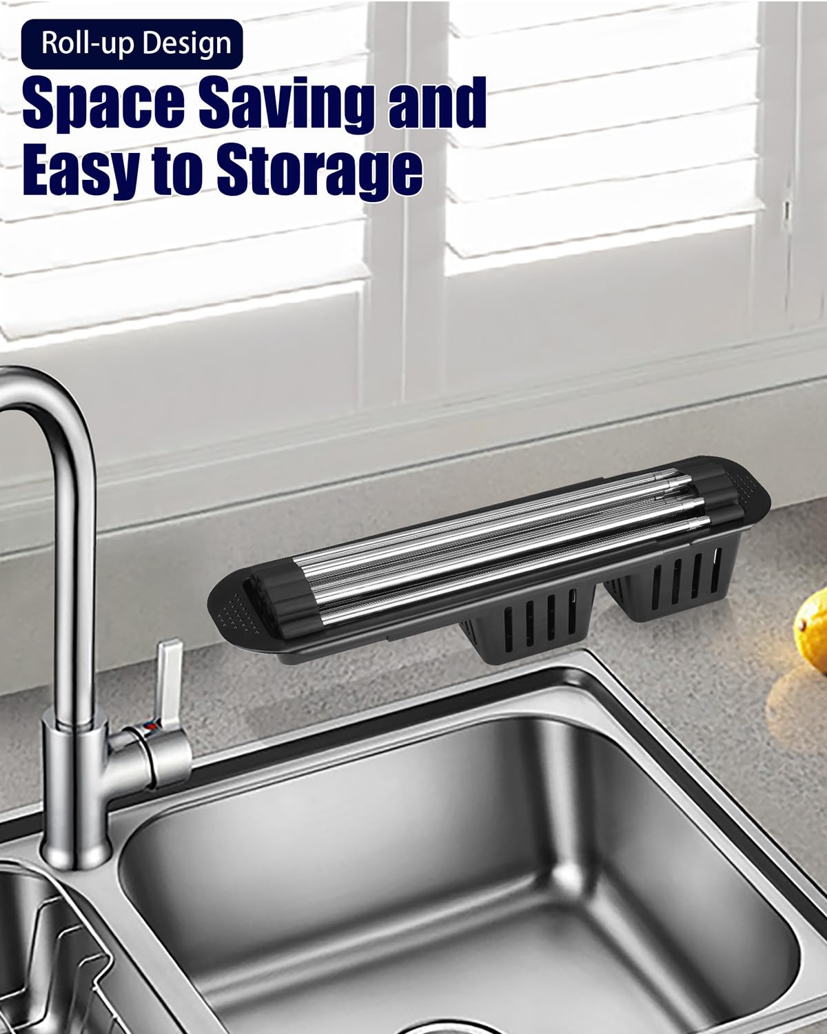 Expandable Stainless Steel Roll Up Dish Drying Rack - Over The Sink Dish Drainer with Utensil Holder (22.3 Inch, Black) | Space Saving Kitchen Organizer for Small Spaces & Apartment Living