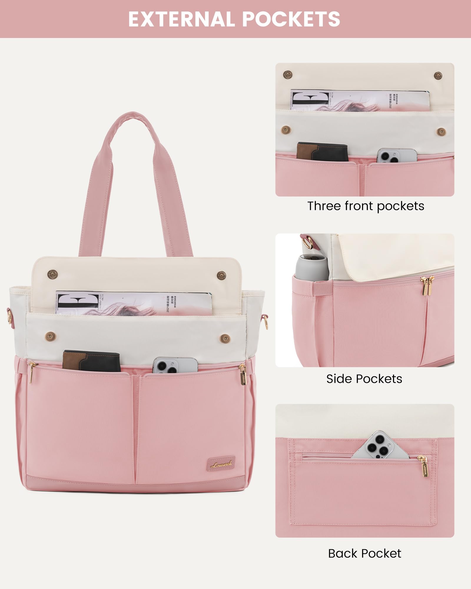LOVEVOOK 15.6 Inch Professional Work Tote Bag for Women - Large Capacity Laptop Bag with Dedicated Compartment - Stylish Pink Beige Briefcase for Office, Travel, Nursing & Teaching | Perfect for Business, Commuting & Daily Use