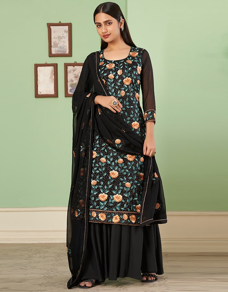 Elegant Black Palazzo Style Suit in Georgette Fabric - Perfect for Office Wear, Evening Events & Special Occasions