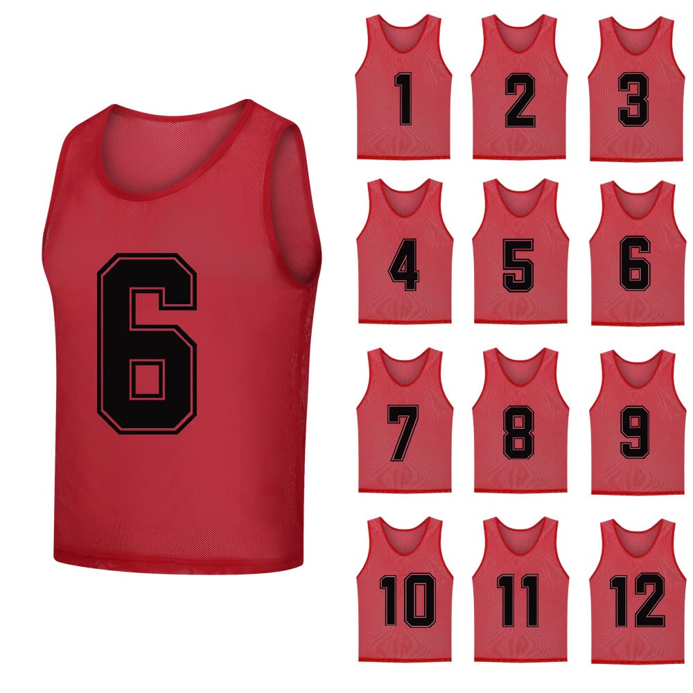 12-Pack Numbered Soccer Training Bibs (1-12) for Kids, Youth & Adults - Reversible Basketball Jerseys for Team Sports Practice & Gym Class