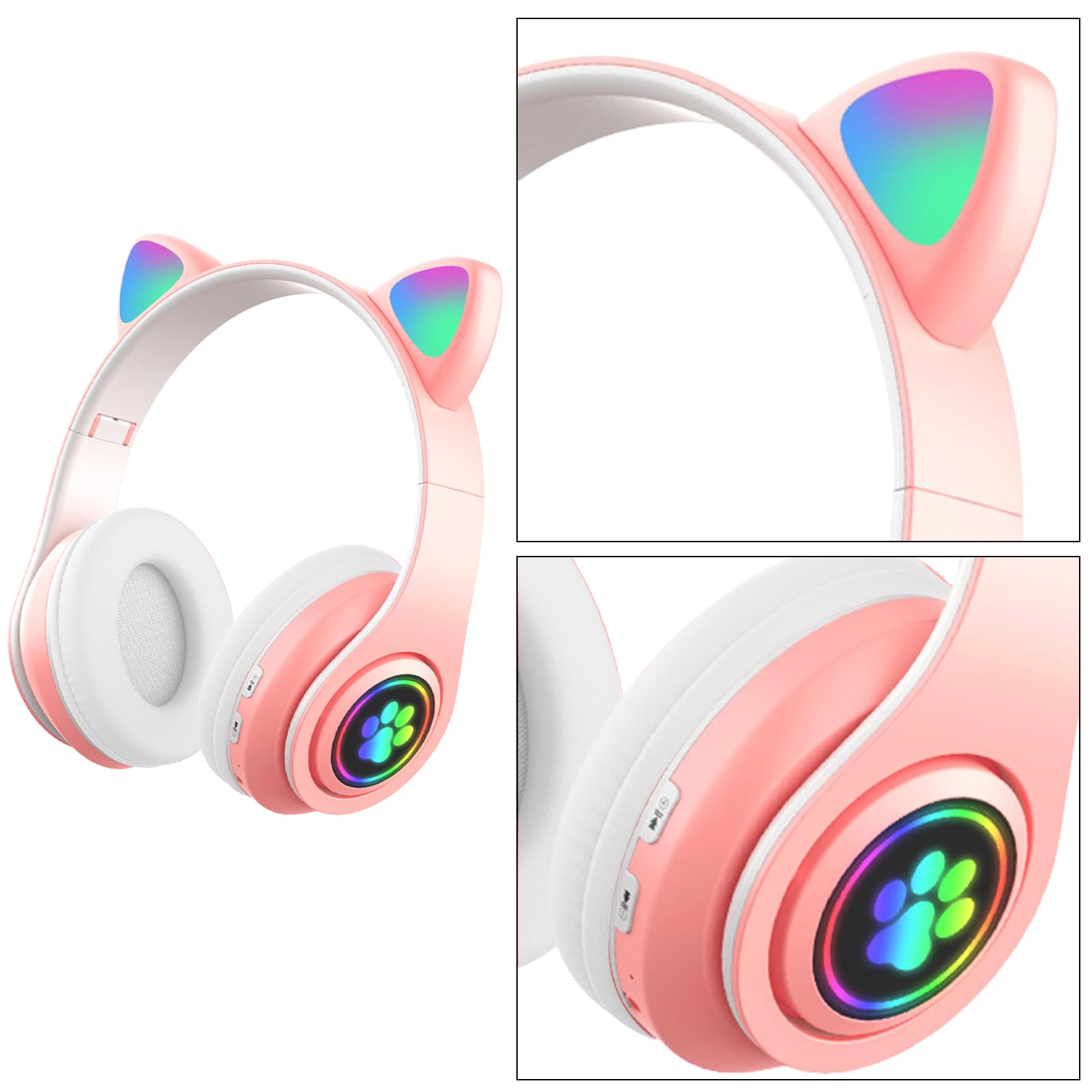 Wireless Cat Ear Headphones with Microphone, LED Lights & FM Radio - Bluetooth & Wired On-Ear Stereo Headset for Kids, Girls & Boys - Perfect for Phone Calls, Music, TV & Laptop Use - Cute Gift for Anime Fans & Gamers