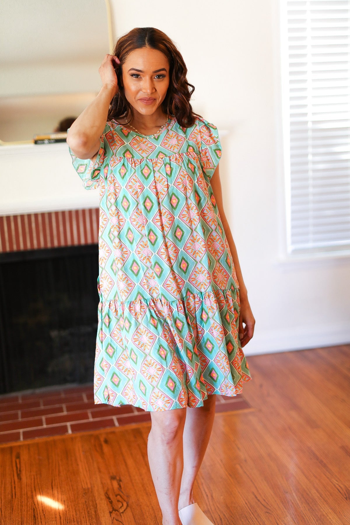 Boho Print Yoke Poplin Woven Dress - Floral Geometric Summer Dress for Women | Perfect for Beach Vacations, Music Festivals & Casual Outings