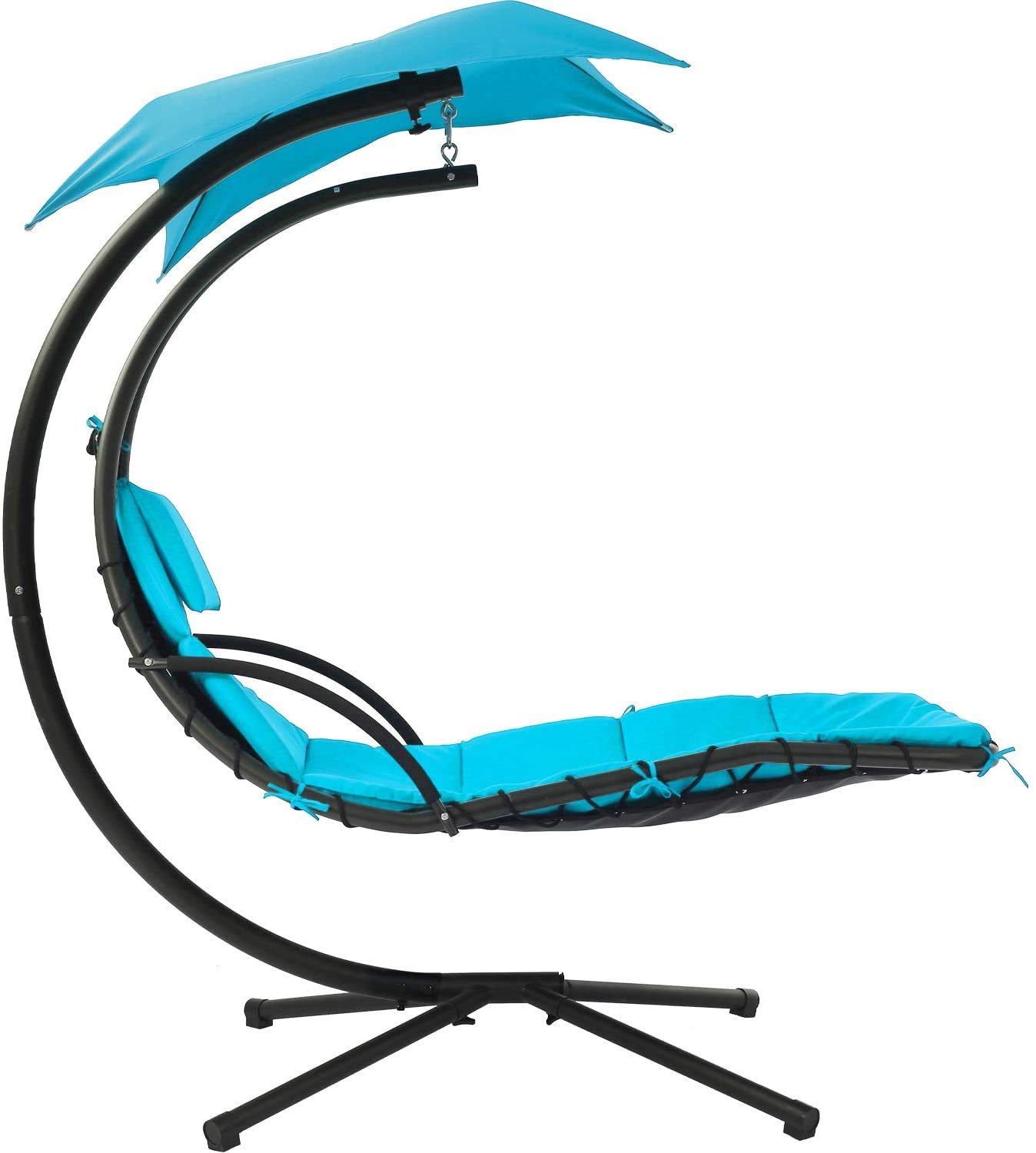 Premium Blue Hanging Chaise Lounger - Outdoor Patio Swing Chair with Adjustable Canopy & Arc Stand - Perfect for Porch, Garden, Poolside Relaxation and Napping - Indoor/Outdoor Use