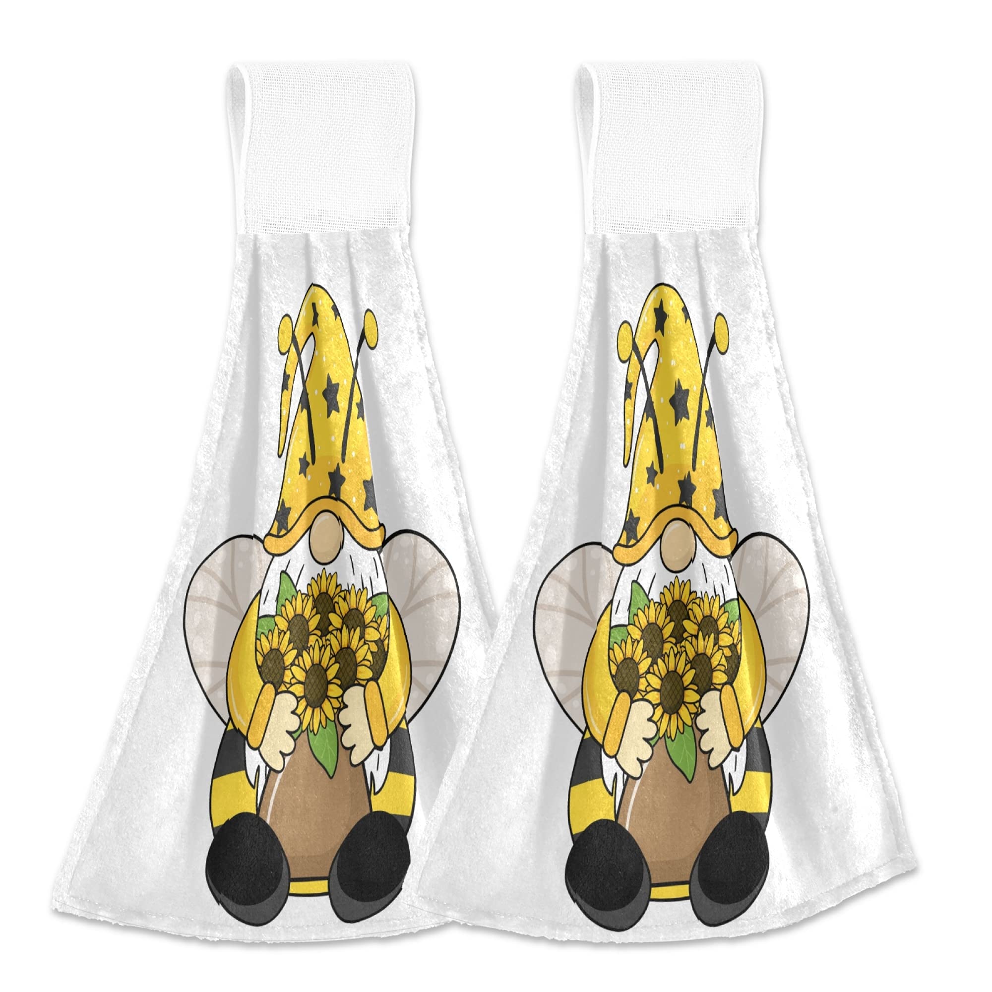 ASLSIY Cute Gnome Bouquet Sunflower Hanging Kitchen Towels - Set of 2 Fast Drying Absorbent Dish & Tea Towels for Bathroom, Tabletop, Gym - Perfect for Kitchen Decor, Hand Washing & Dish Drying