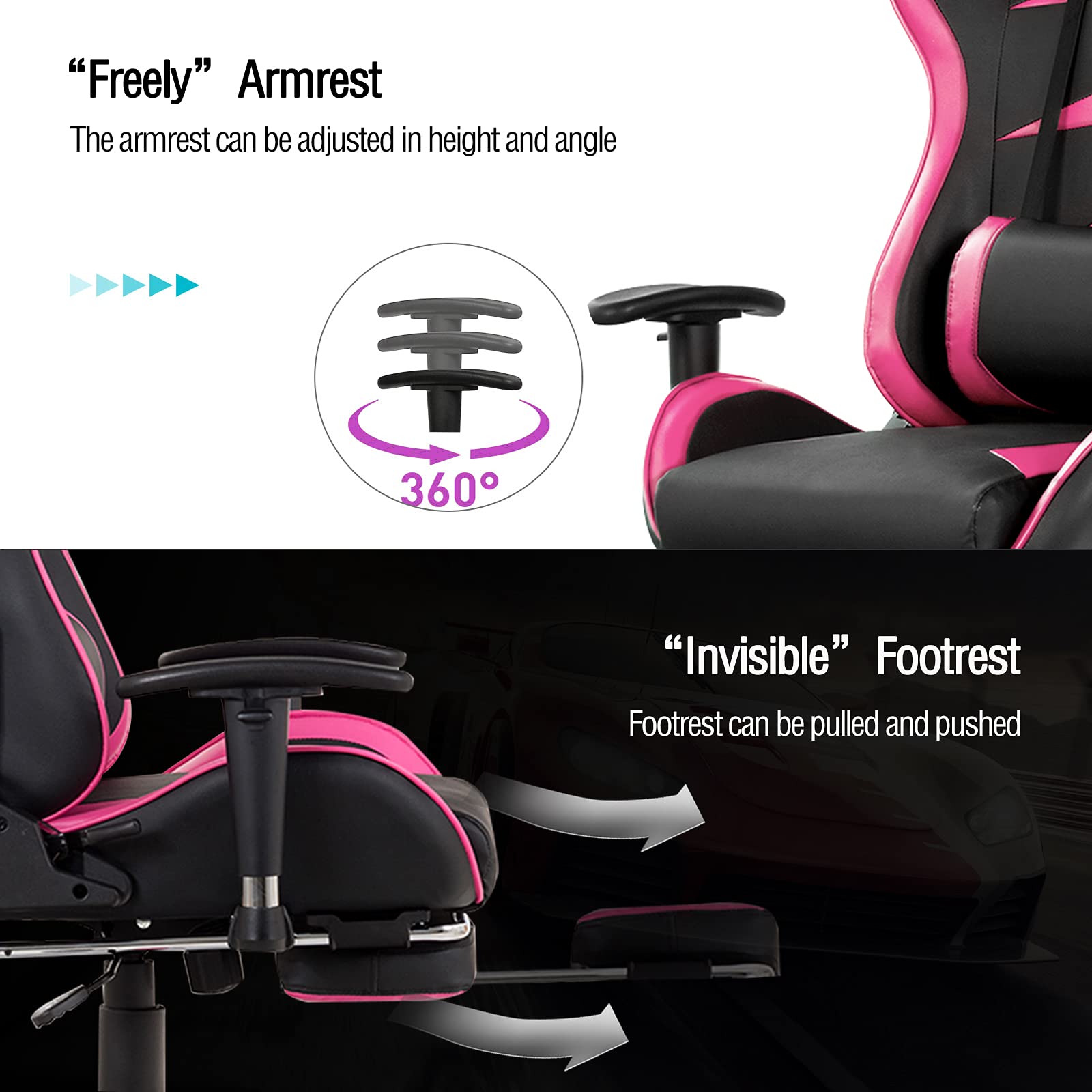 POWERSTONE Pink Ergonomic Gaming Chair with Footrest - High Back Racing Style Computer Chair for Women, Lumbar Support & Massage, Leather Recliner Swivel Office Chair - Perfect for Esports, Gaming & Home Office (Pink)