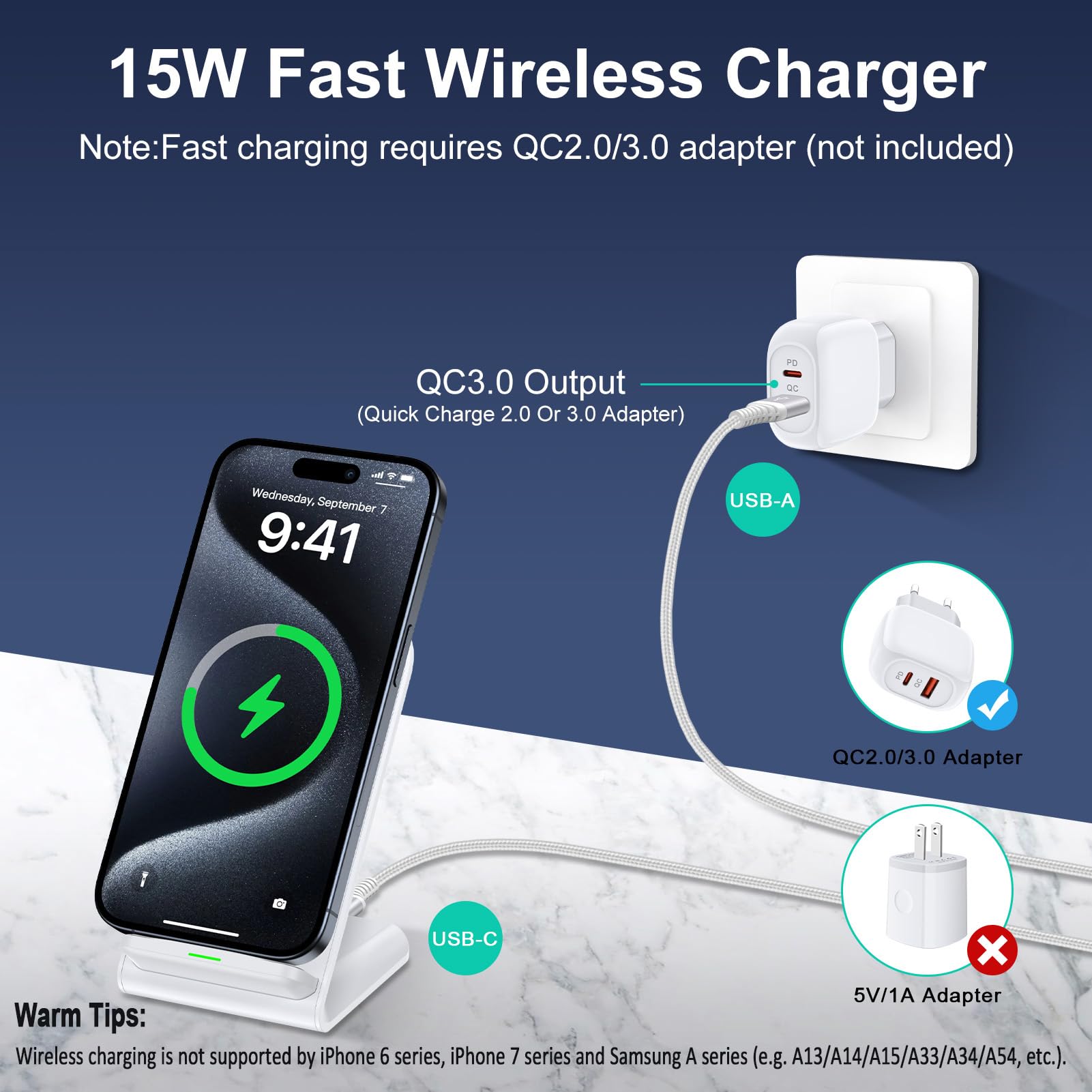 15W Fast Wireless Charging Stand for Samsung Galaxy S25/S24 Ultra/S23 FE/S22+/S21/S20/S10, Google Pixel 9/8 Pro/7a/6, iPhone 16/15/14/13/12/11 Pro Max - Qi-Certified Phone Charger Station for Home, Office & Nightstand Use