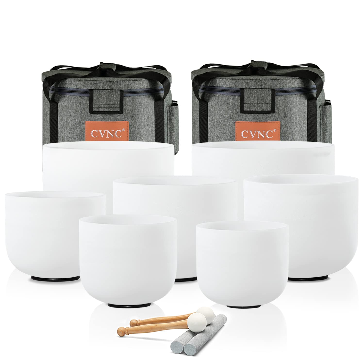7-Piece Set of 6-12 Inch 432Hz Frosted Chakra Quartz Crystal Singing Bowls for Sound Therapy & Meditation - Includes 2 Travel Carry Cases - Perfect for Yoga Studios, Reiki Healing, and Holistic Wellness Centers