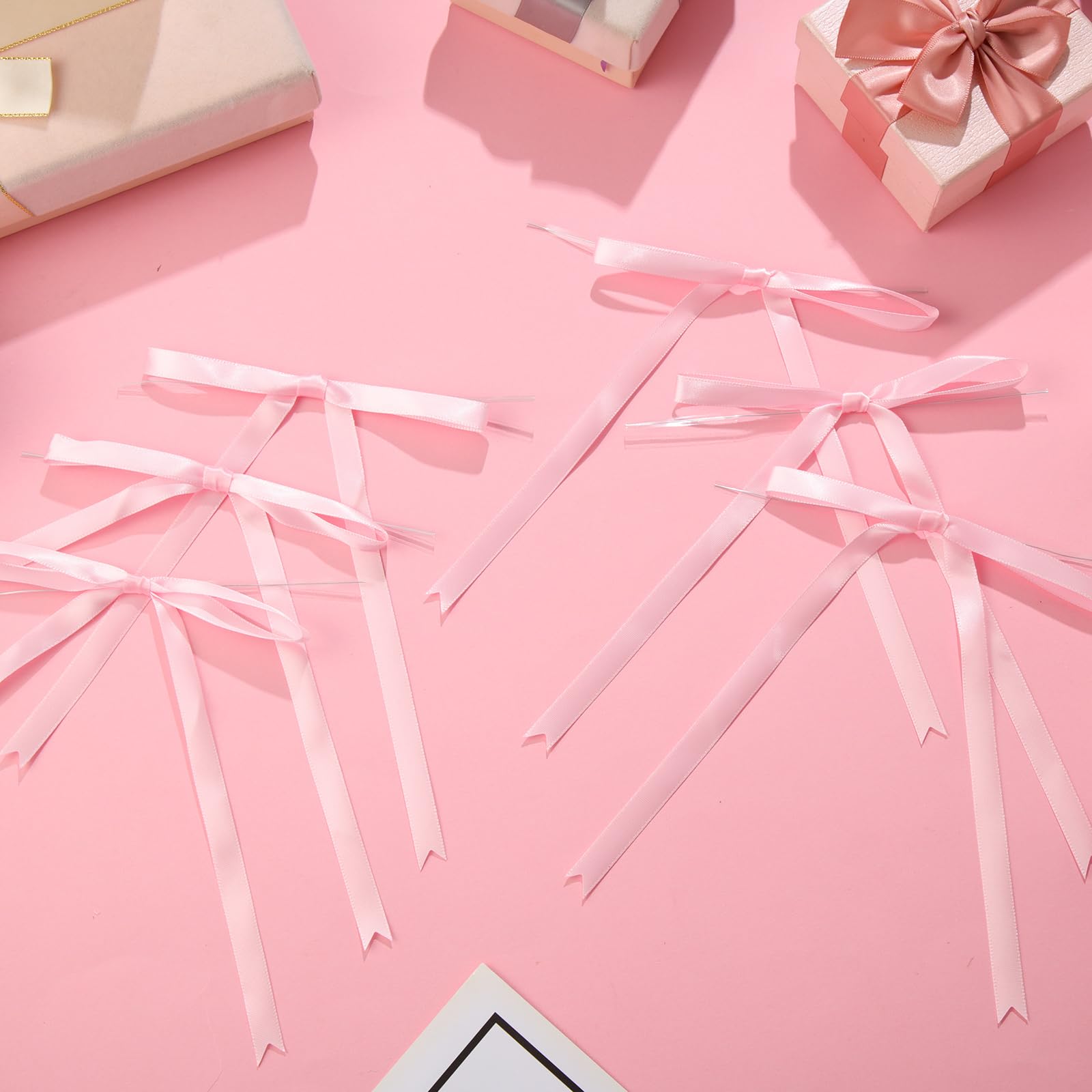 60 Pcs Pink Twist Tie Bows for Cake Decorating, Gift Wrapping & Crafts - 5 x 7 Inch Satin Ribbon Bows - Perfect for Party Favors, Wedding Decorations & DIY Projects