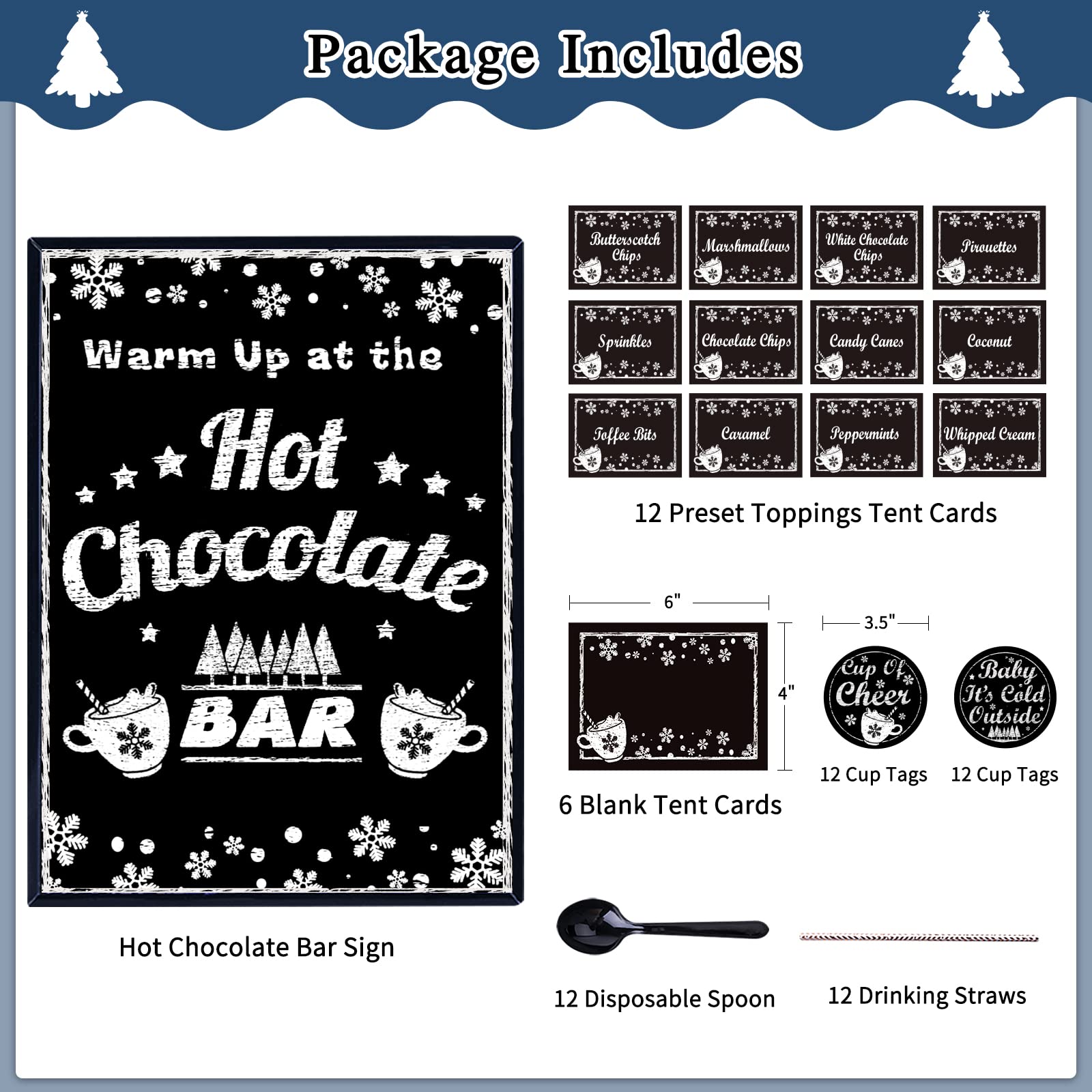 Luxury Hot Chocolate Bar Kit - Custom Sign Labels, Table Cards, Spoons & Straws for Christmas, New Year & Holiday Parties - Perfect for Home, Office & Event Decorations
