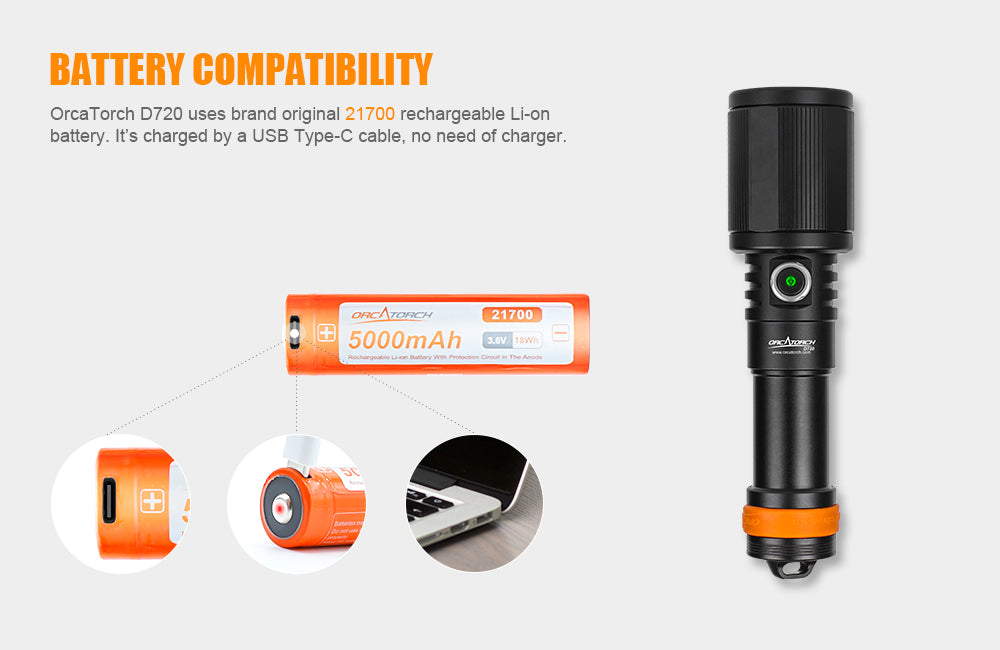 OrcaTorch D720 1300 Lumen Dive Flashlight - 425,000cd, 150m Depth, 1300m Beam Throw - Perfect for Scuba Diving, Night Fishing & Underwater Exploration