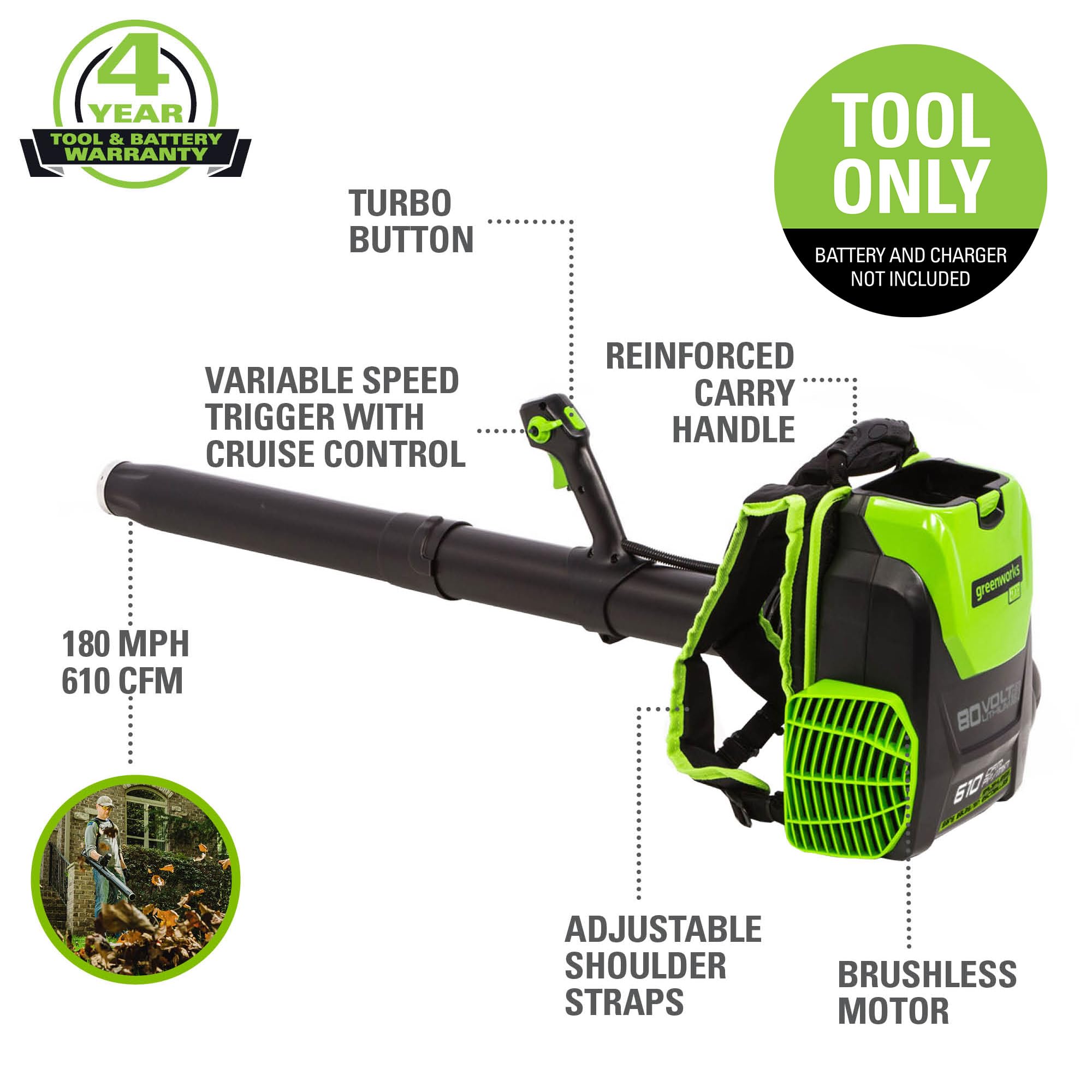 Greenworks 80V Cordless Brushless Backpack Leaf Blower - 180 MPH, 610 CFM, 75+ Tool Compatible (Tool Only) - Perfect for Yard Cleanup, Landscaping & Professional Use
