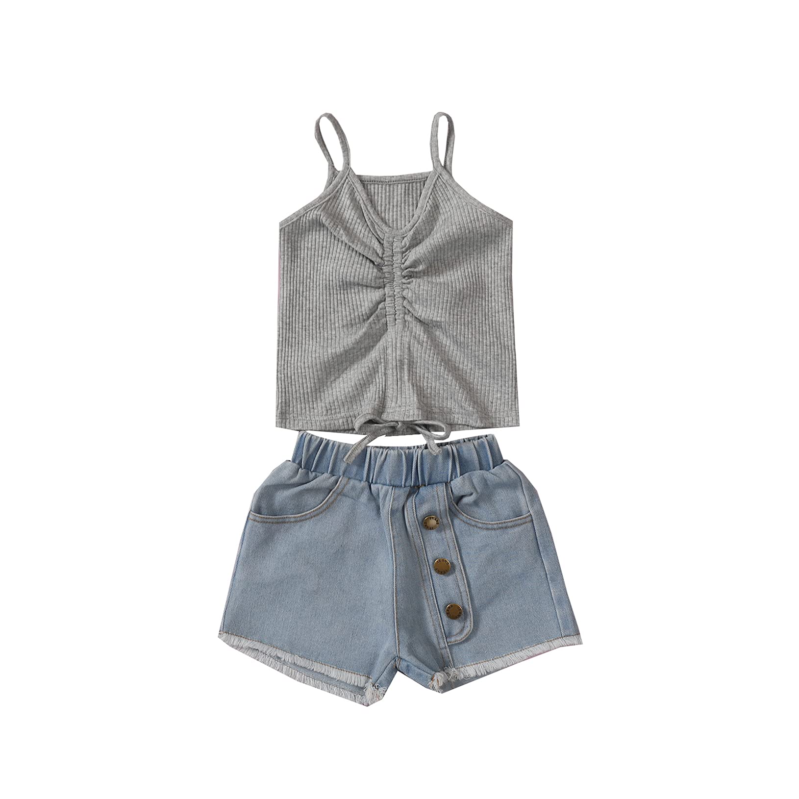 Baby Girls Denim Outfits - Backless Lace Halter Ruffle Tops & Distressed Shorts Set | Cute Sunflower Print Shirt & Ripped Jeans | Perfect for Summer Playdates & Photo Shoots