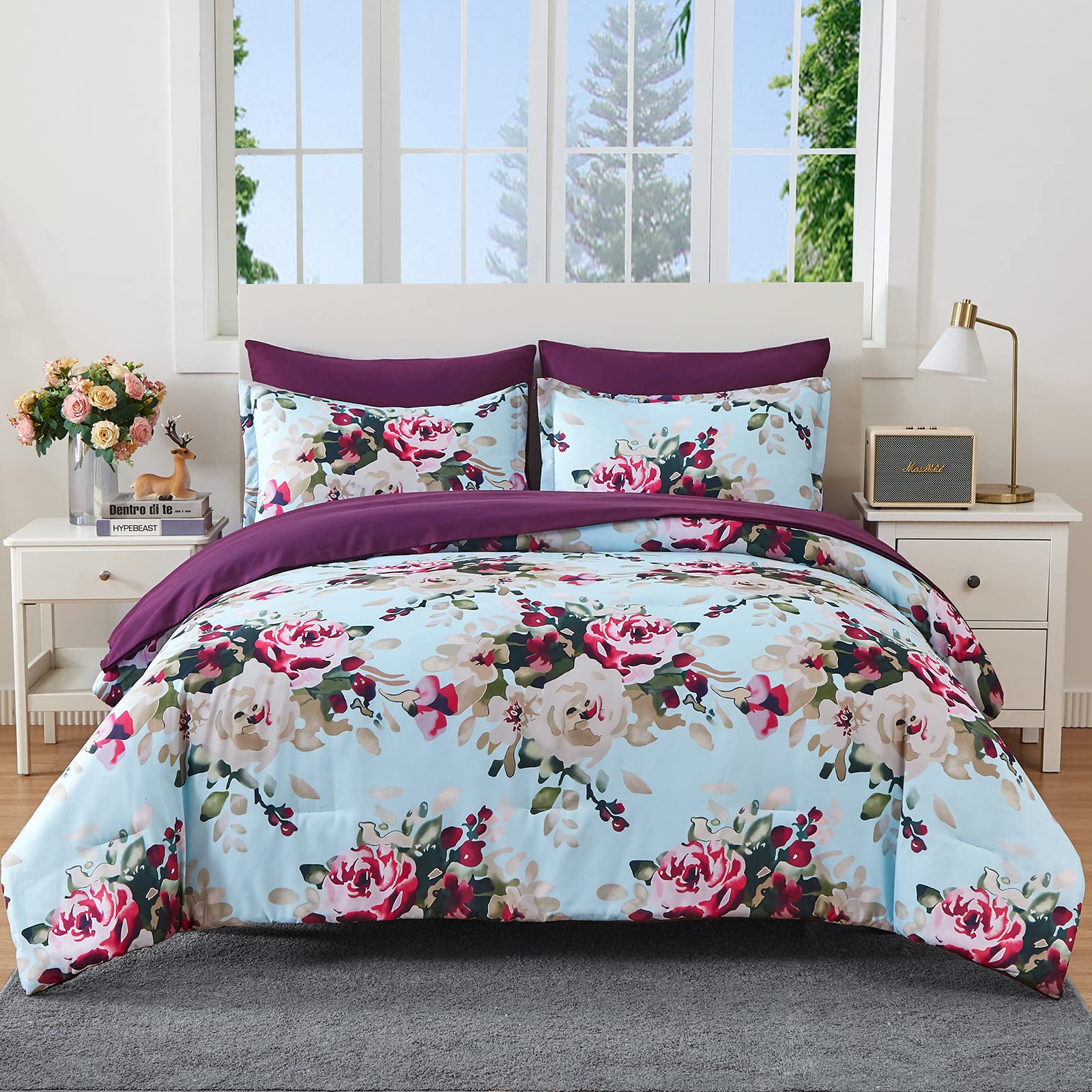 Iron 7-Piece Queen Size Bed in a Bag - Floral Watercolor Blooms Comforter Set | All-Season Bedding with Comforter & Sheet Set (Blue Flower) for Cozy Bedroom Decor & Guest Room Setup