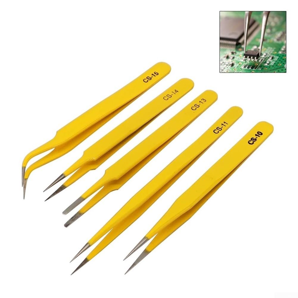 DAZZLEEX 5-Piece Anti-Static Precision Tweezers Set - Stainless Steel Electronic Repair Tools for Electronics, Jewelry, Phone & Makeup - Perfect for DIY, Crafting & Professional Use