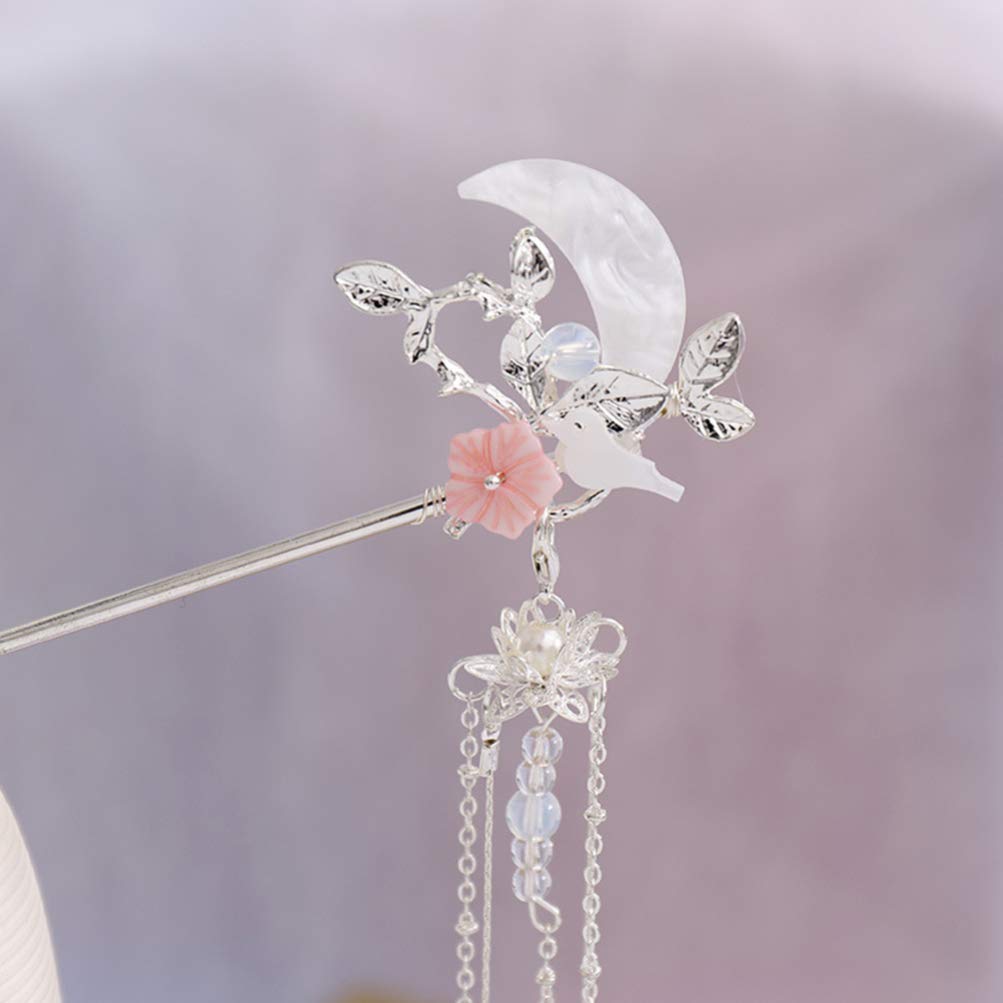 Moon Design Tassel Hair Stick - Chinese Hair Chopstick & Hair Fork for Women & Girls | Silver Hair Clip & Hairpin Accessories | Perfect for Weddings, Parties & Traditional Hairstyles