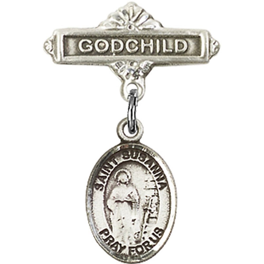 Sterling Silver Baby Badge with St. Susanna Charm - 1 X 5/8 Inches Godchild Gift Pin - Perfect for Christenings, Baptisms & First Communion Ceremonies