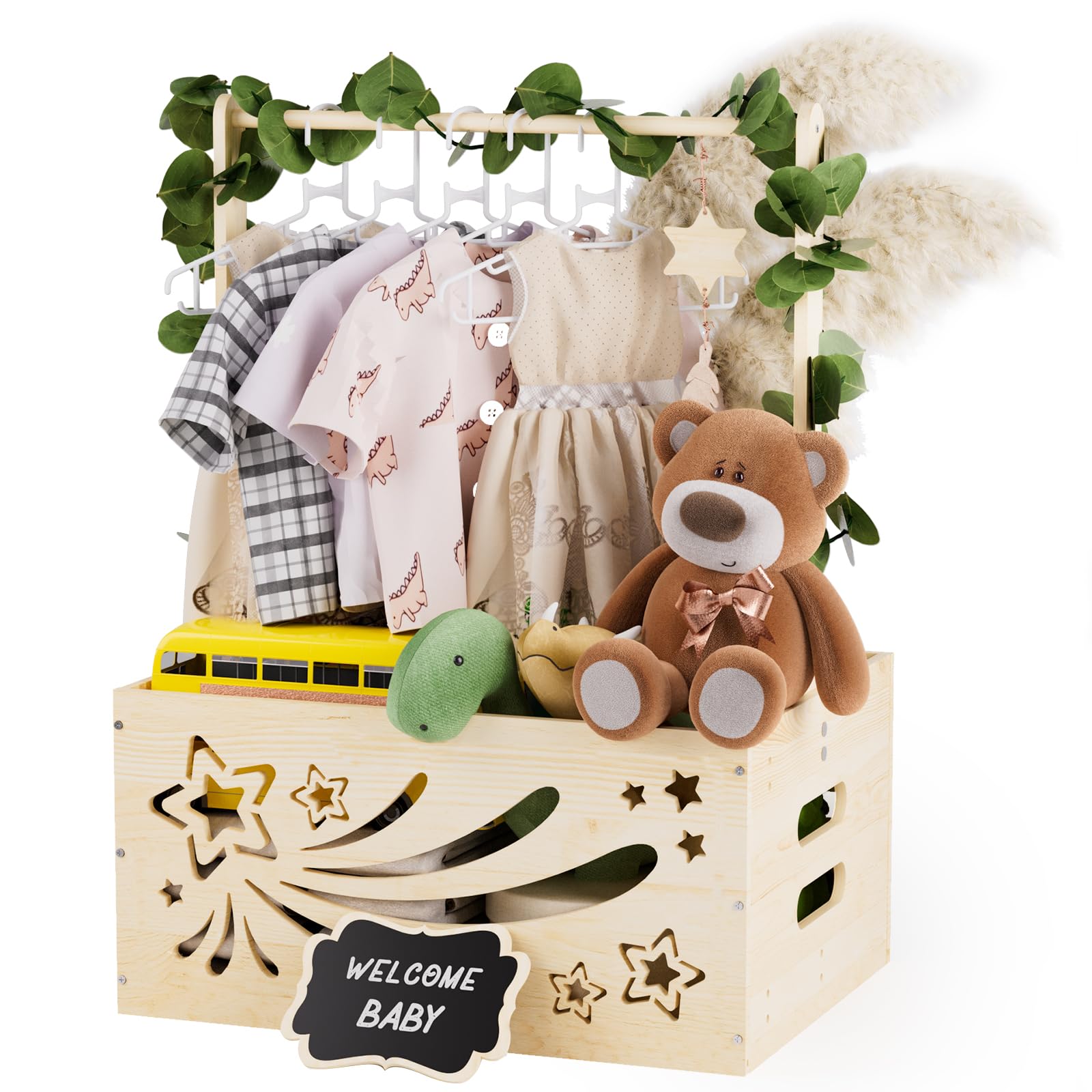Wooden Baby Shower Gift Crate with Hanger - Newborn Welcome Basket for Boys & Girls | Nursery Storage & Baby Shower Gifts