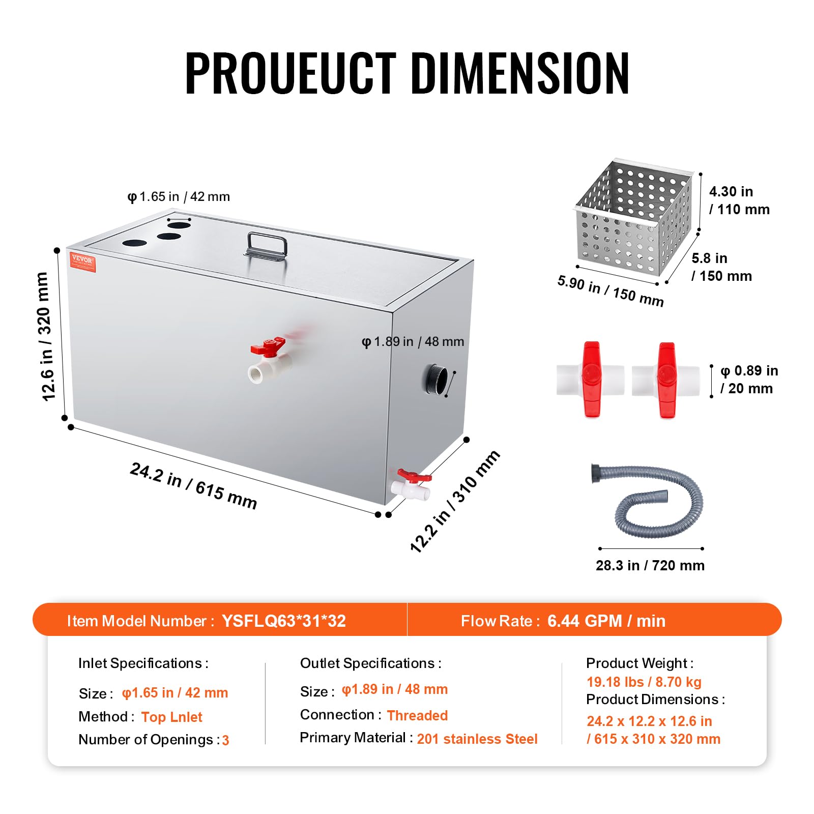 VEVOR 25 LBS Commercial Grease Trap - Stainless Steel Under Sink Grease Interceptor with Top Inlet, 6.4 GPM Wastewater Oil-Water Separator for Restaurant, Canteen & Home Kitchen - Perfect for High-Volume Cooking Areas and Food Service Establishments