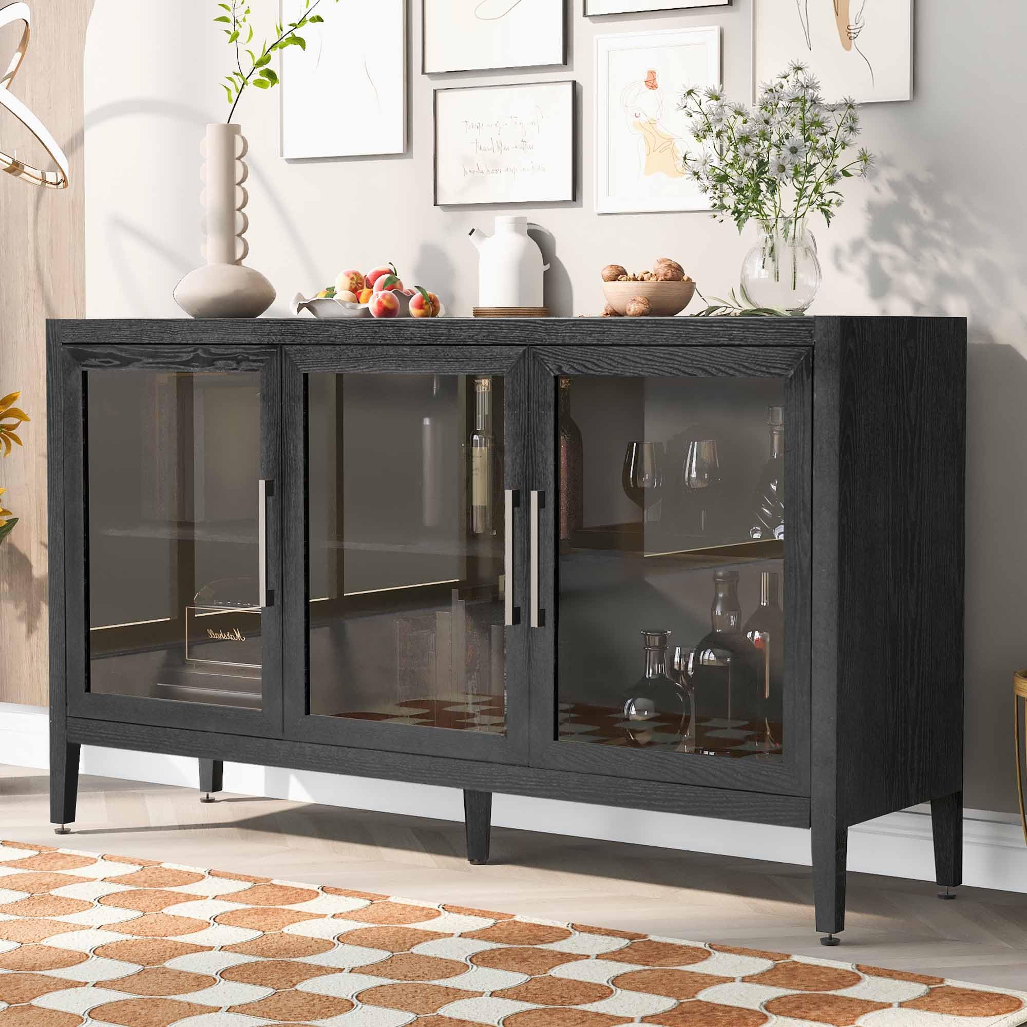 Merax Black Wood Sideboard Buffet Cabinet with Storage & 3 Tempered Glass Doors, Adjustable Shelves - Perfect for Living Room, Dining Room & Kitchen Storage Furniture