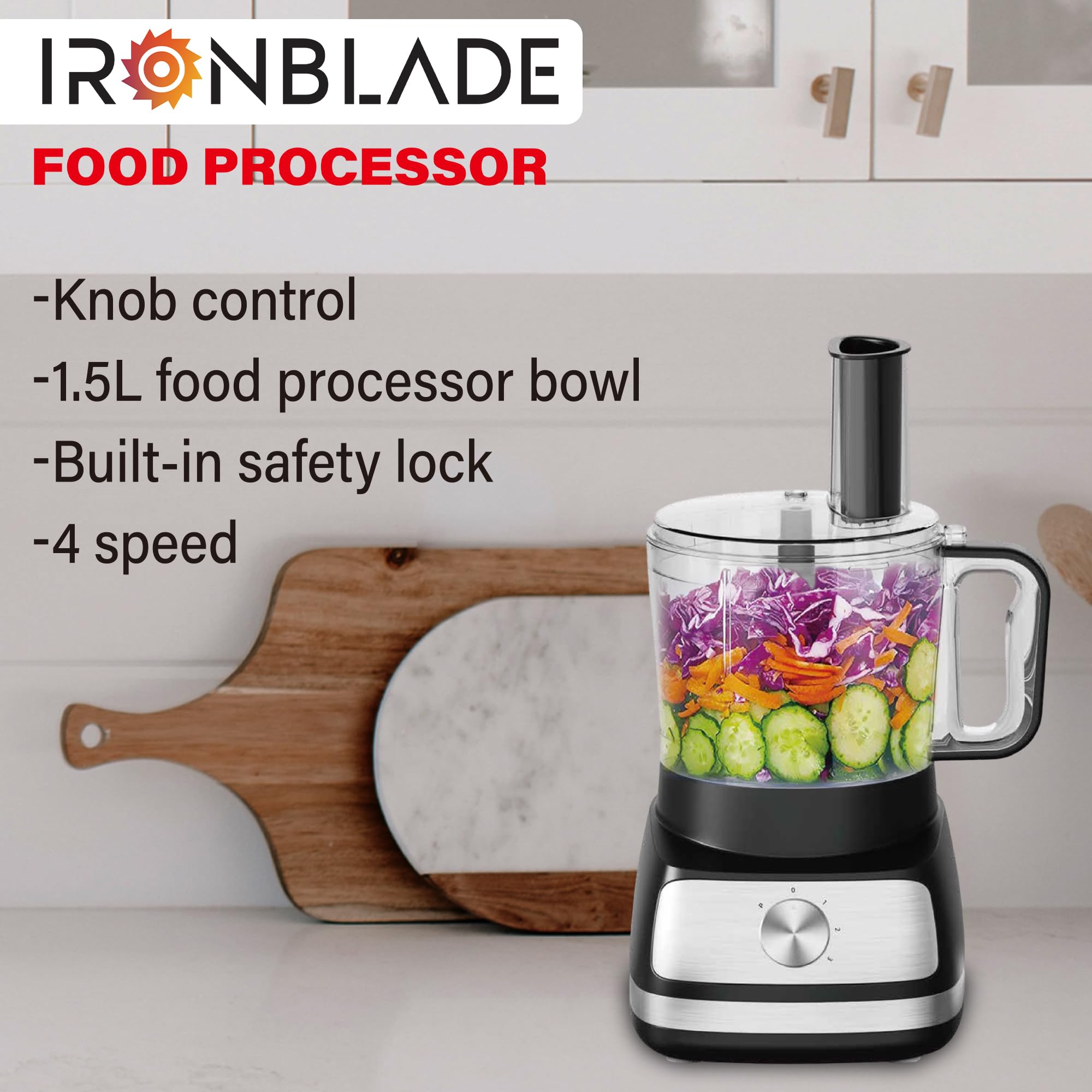 EMB IronBlade Series 5-in-1 Food Processor - 1.5L Capacity, 4-Speed Control for Slicing, Shredding, Chopping & Kneading - Perfect for Meal Prep, Baking & Healthy Cooking