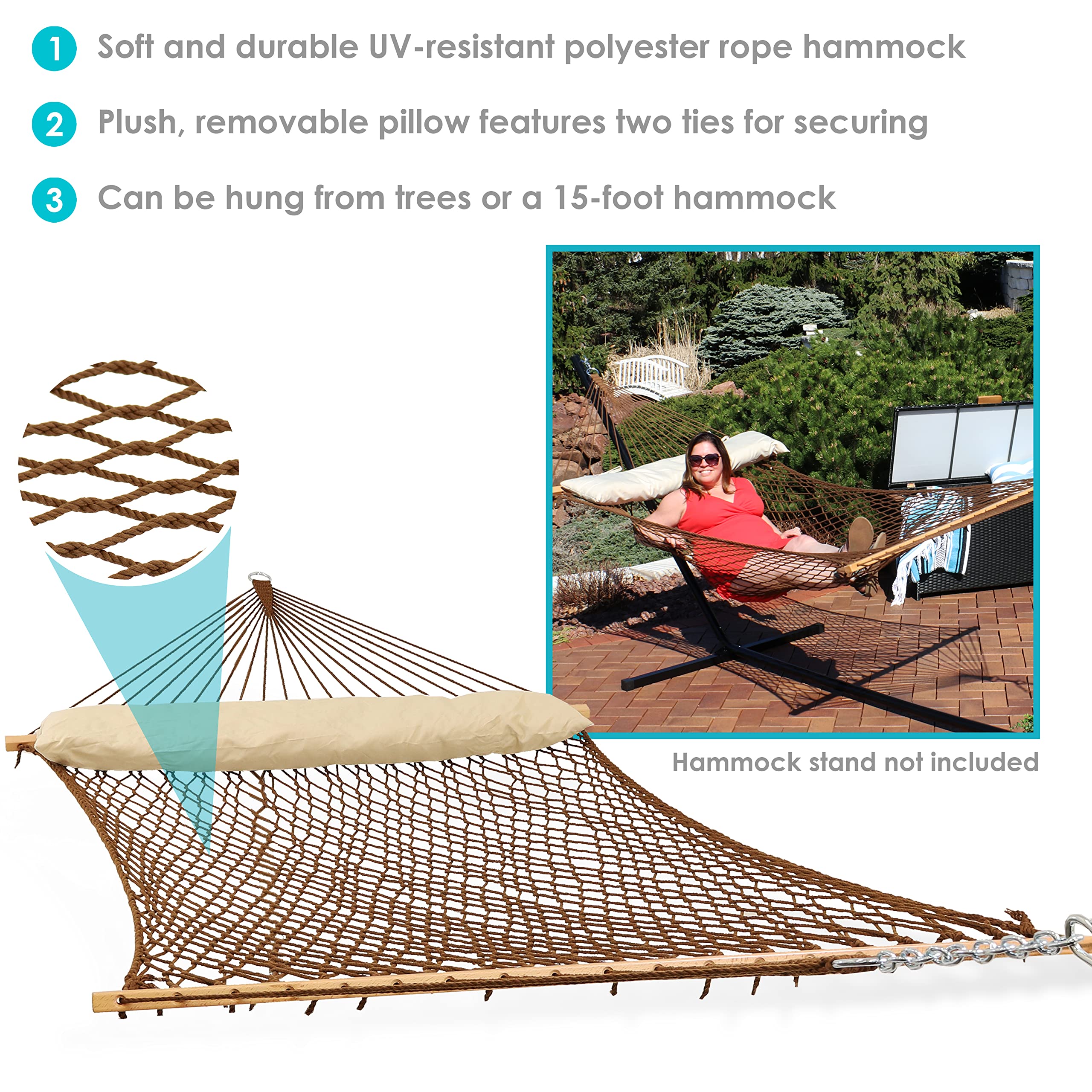 Sunnydaze Double Polyester Rope Hammock with Pillow - 400 lb Weight Capacity - Brown - Perfect for Backyard, Patio, Beach & Outdoor Relaxation