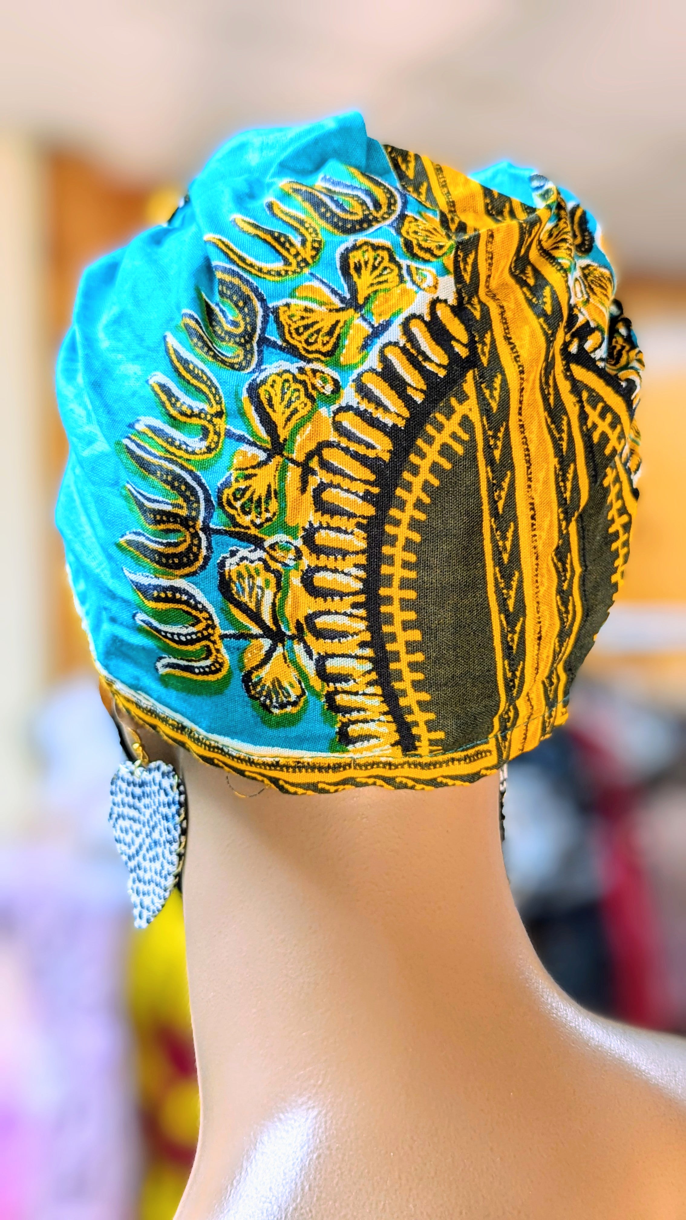 Dupsie's Akira Turquoise Blue Cotton Dashiki Print Pre-Tied Head Wrap Hat DP3769PT8 - Stylish Headwear for Women, African Fashion Accessory, Perfect for Parties, Weddings & Cultural Events