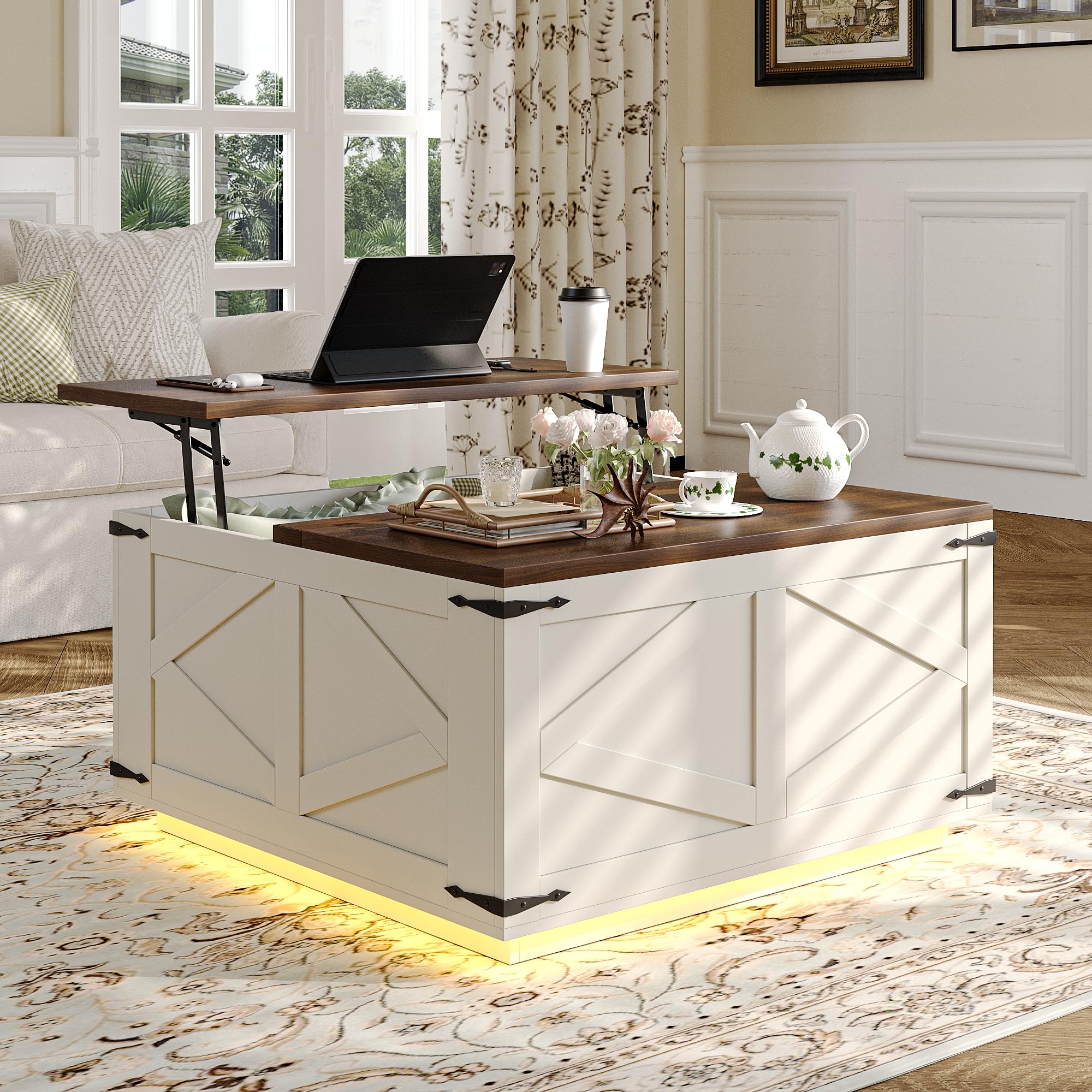 Rustic Lift Top Coffee Table with Storage & LED Light - Farmhouse Square Wood Center Table with Charging Station & Hidden Compartment - Perfect for Living Room, Family Gatherings & Home Decor (White)
