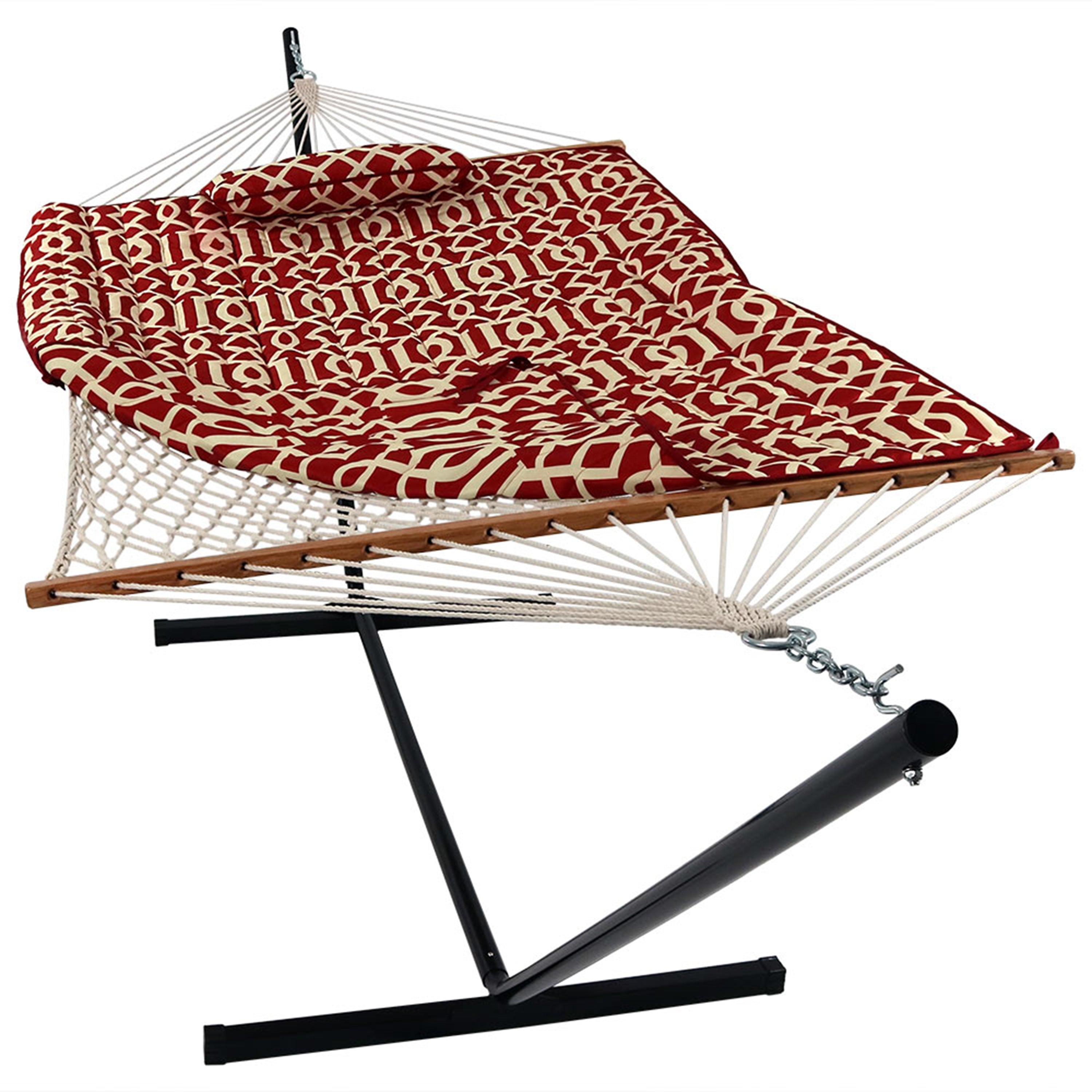 Premium Sunnydaze Rope Hammock with 12-Foot Steel Stand, Comfortable Pad & Pillow - Perfect for Backyard Relaxation, Beach Lounging & Outdoor Camping